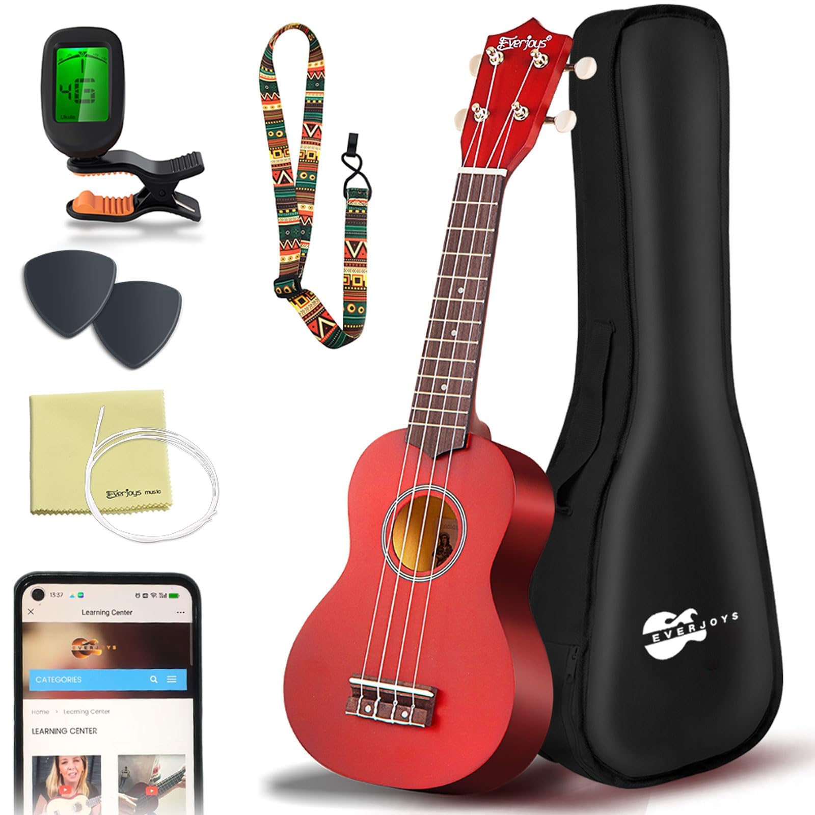 Everjoys Ukulele Soprano per Principiante Adulto Uculele da 21 Pollici con Borsa, Accordatore, Corde Aggiuntive, Cinturino, Plettri, Mogano
