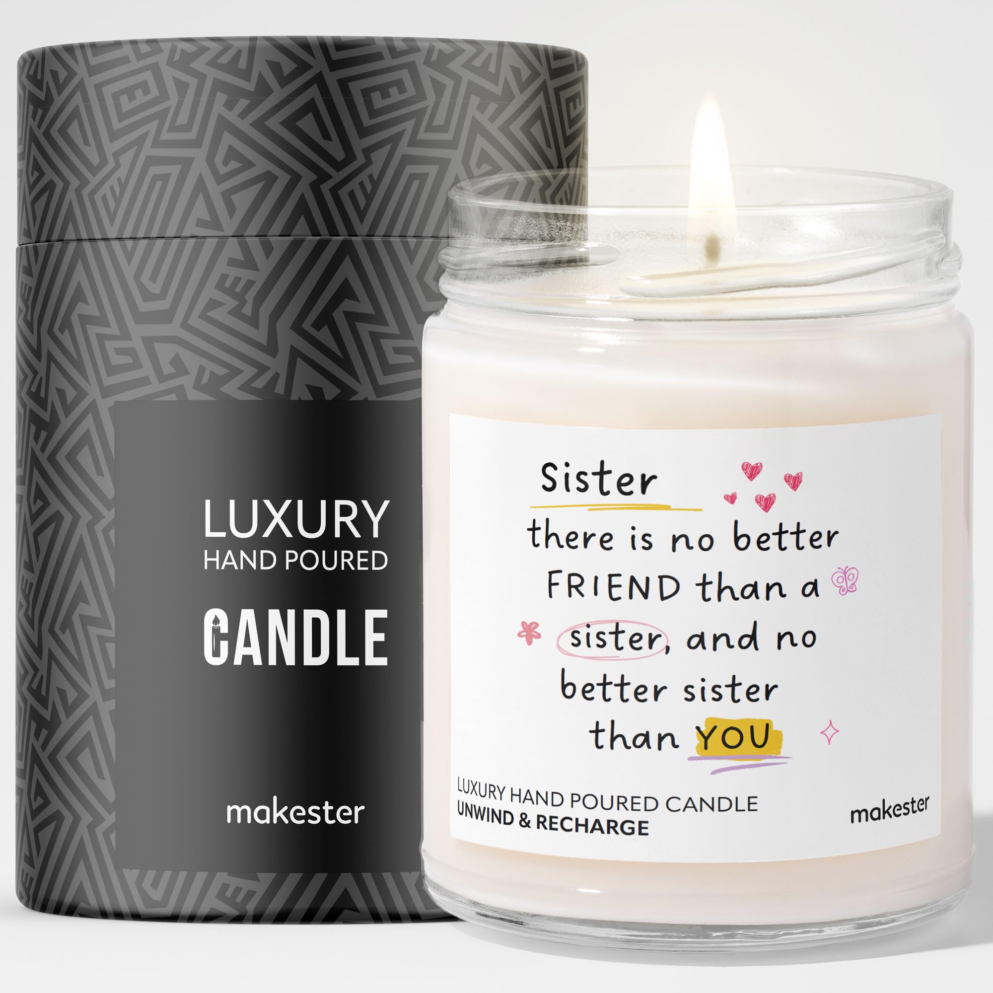 Makester White Sister Sentimental Candle - Luxury Soy Wax Candle - Vanilla, Jasmine, Sugared Almond
