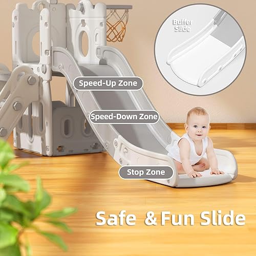 Miniatura 4 de KORIMEFA Juegos de parque infantil 5 en 1 para patios traseros al aire libre, juego de tobogán para niños en interiores con almacenamiento y pelota