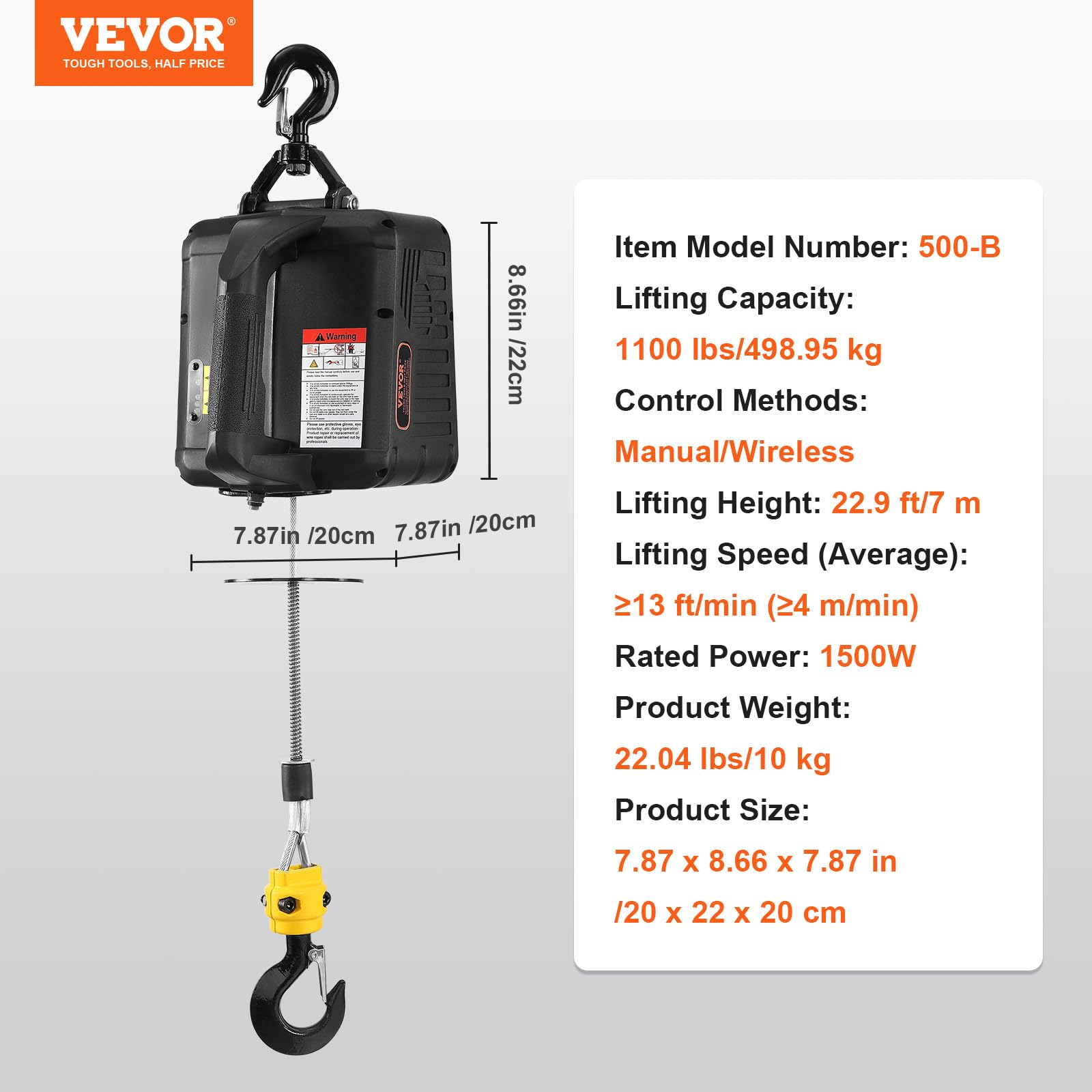 VEVOR Paranco Elettrico Portatile Carico max. circa 498,95 kg, Verricello Elettrico di Sollevamento 1500W Altezza max. di Sollevamento 7m Velocità 4m/min per Garage Officina Senza Fili con Telecomando