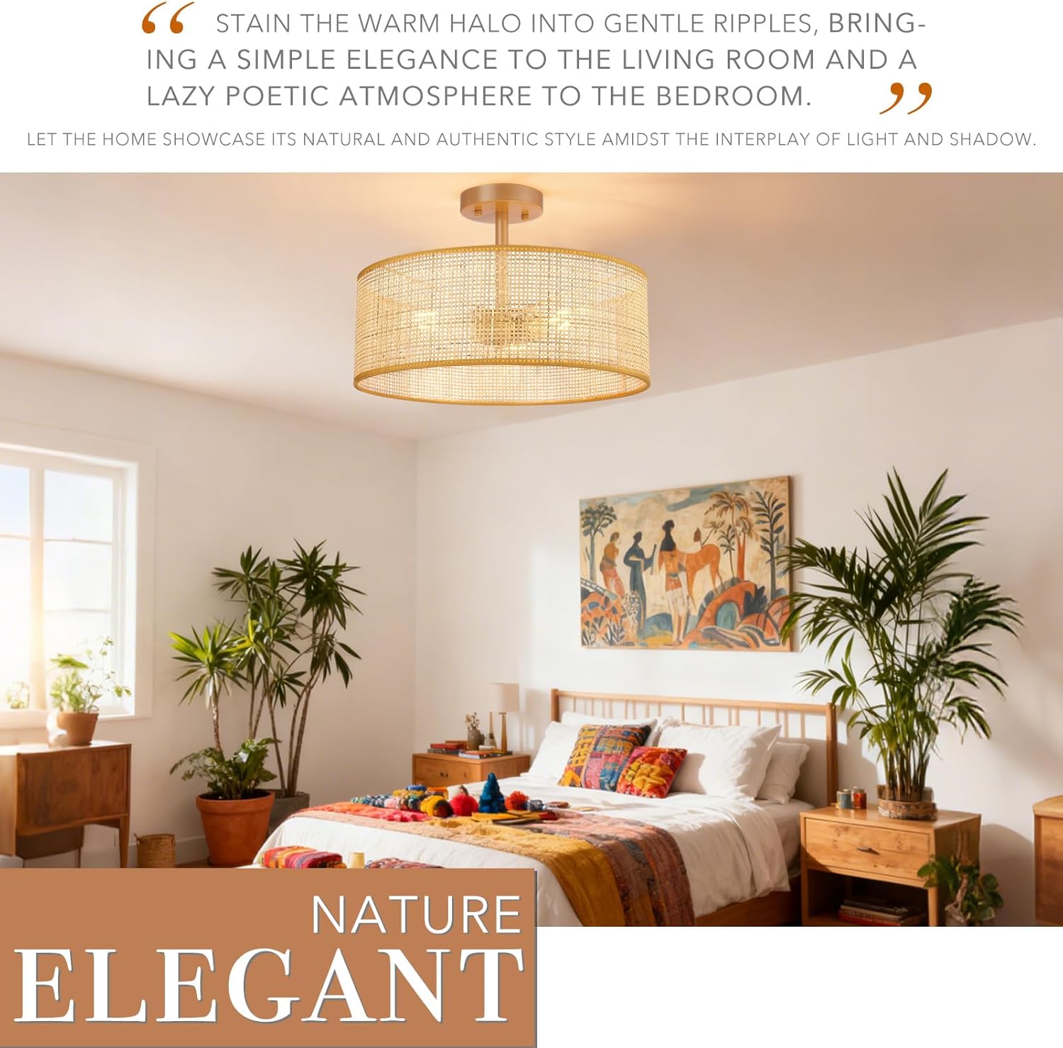 Hamilyeah Boho Drum Ceiling Light Fixture Flush Mount with Woven Shade, Gold 16 inch Light Fixture Ceiling Mount Wicker Shade, Bamboo Rattan Light Fixtures for Living Room, Bedroom Dining Room