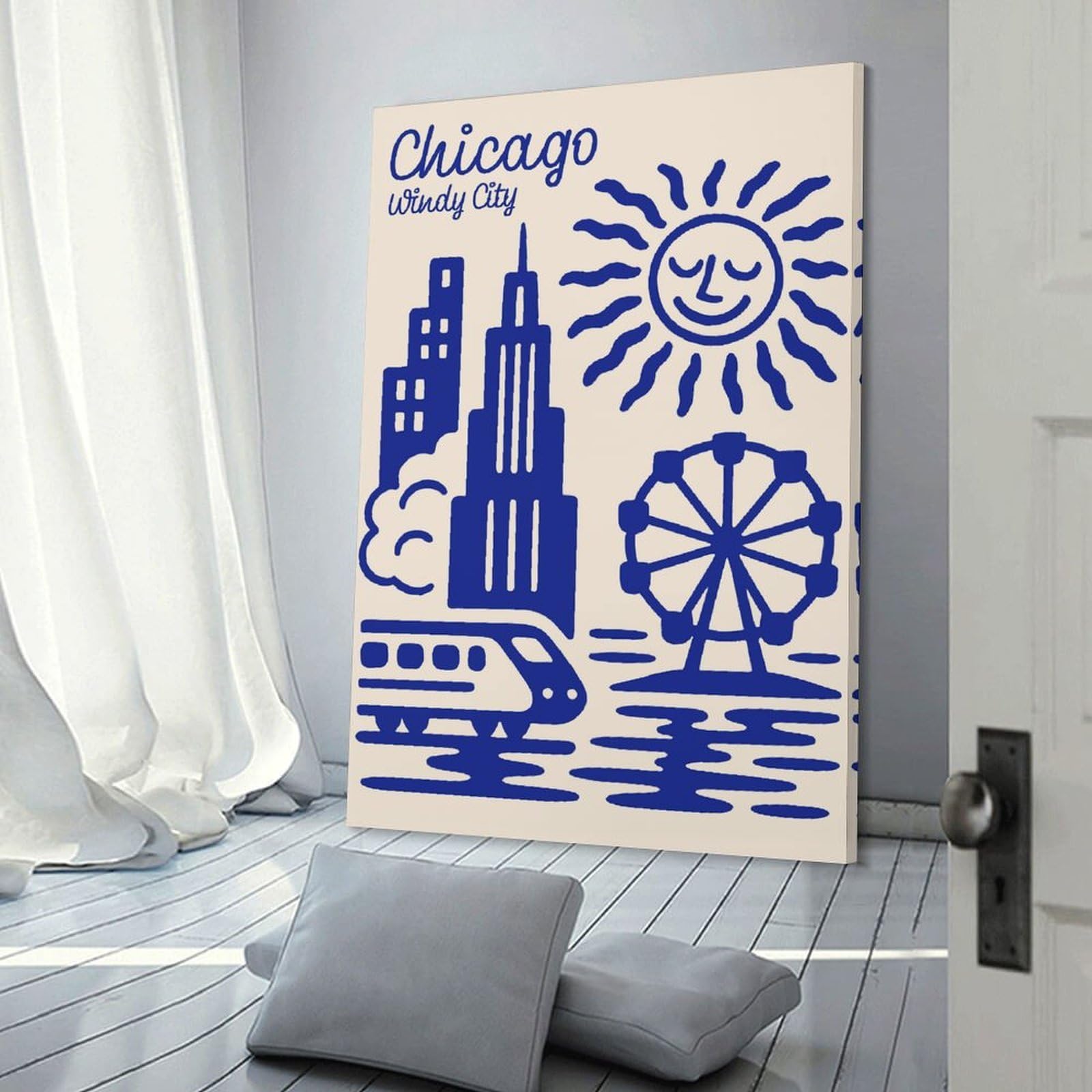 Junmoney Room Decor Wall Art Chicago Windy City Blue Illustration, 20x30inch(50x75cm), for Gallery Wall Layouts in Home Or Office, Home Wall Art for Statement Displays
