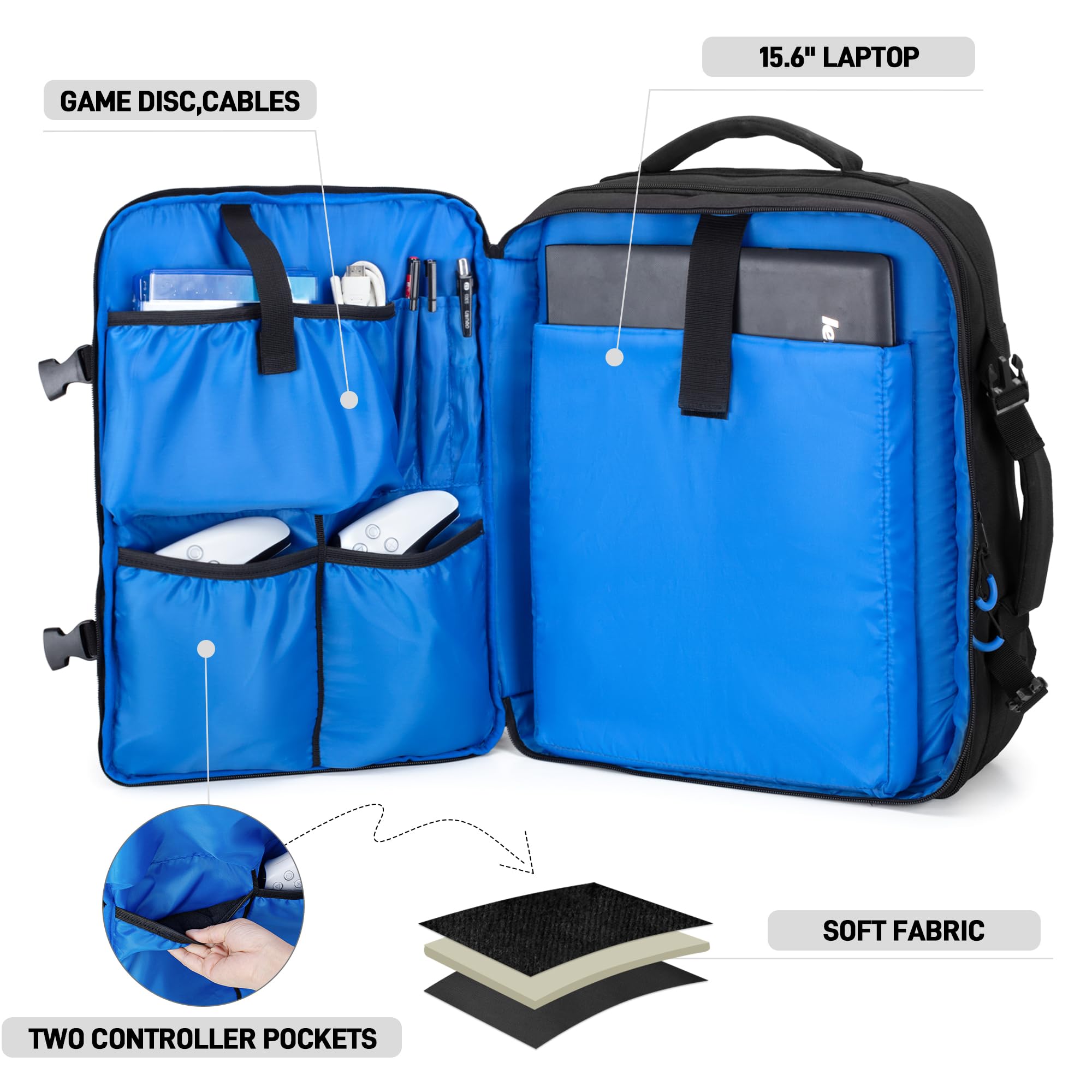 PGmoon Zaino da viaggio compatibile con console PS5/PS5 Slim/PS5 Pro | Custodia protettiva per controller, laptop da 15,6", dischi di gioco (design brevettato)