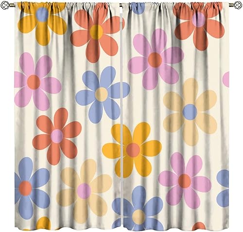 Cortinas florales retro de los años 70 con estampado de flores hippie coloridas, cortinas opacas para ventana para dormitorio, sala de estar,
