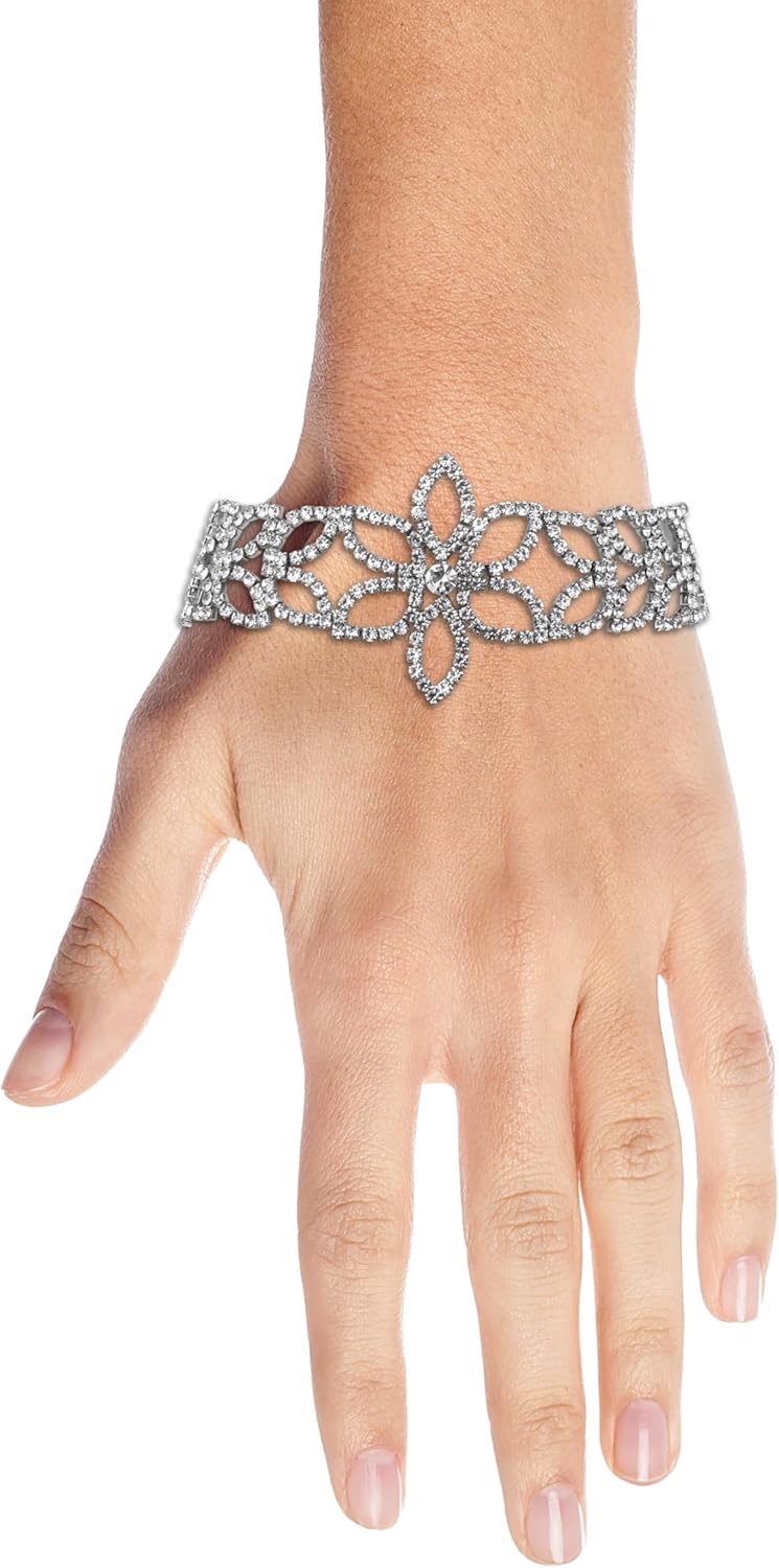 Nicole Miller New York Crystal Flower Leaf Pattern Bracelet, 7.5-10.5 inches, Silvertone, Fish Hook Clasp