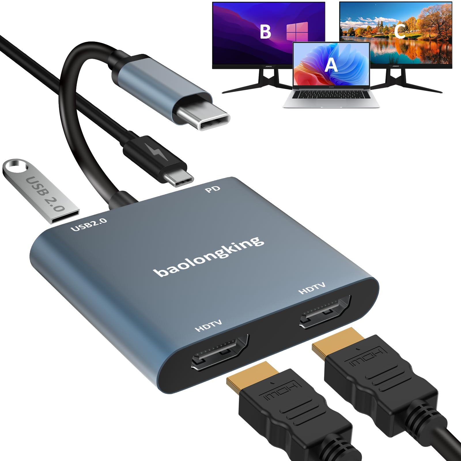 USB C to Dual HDMI Hub Adapter, 4 in 1 HDMI Splitter for 2 Monitors-image-27
