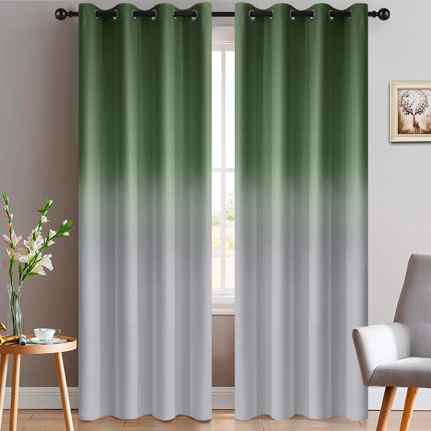 Yakamok Light Blocking Gradient Color Curtains Sage Green Ombre Blackout Curtains Room Darkening Grommet Window Drapes for Living Room/Bedroom (Sage Green,2 Panels,52x84 Inch) — image 1