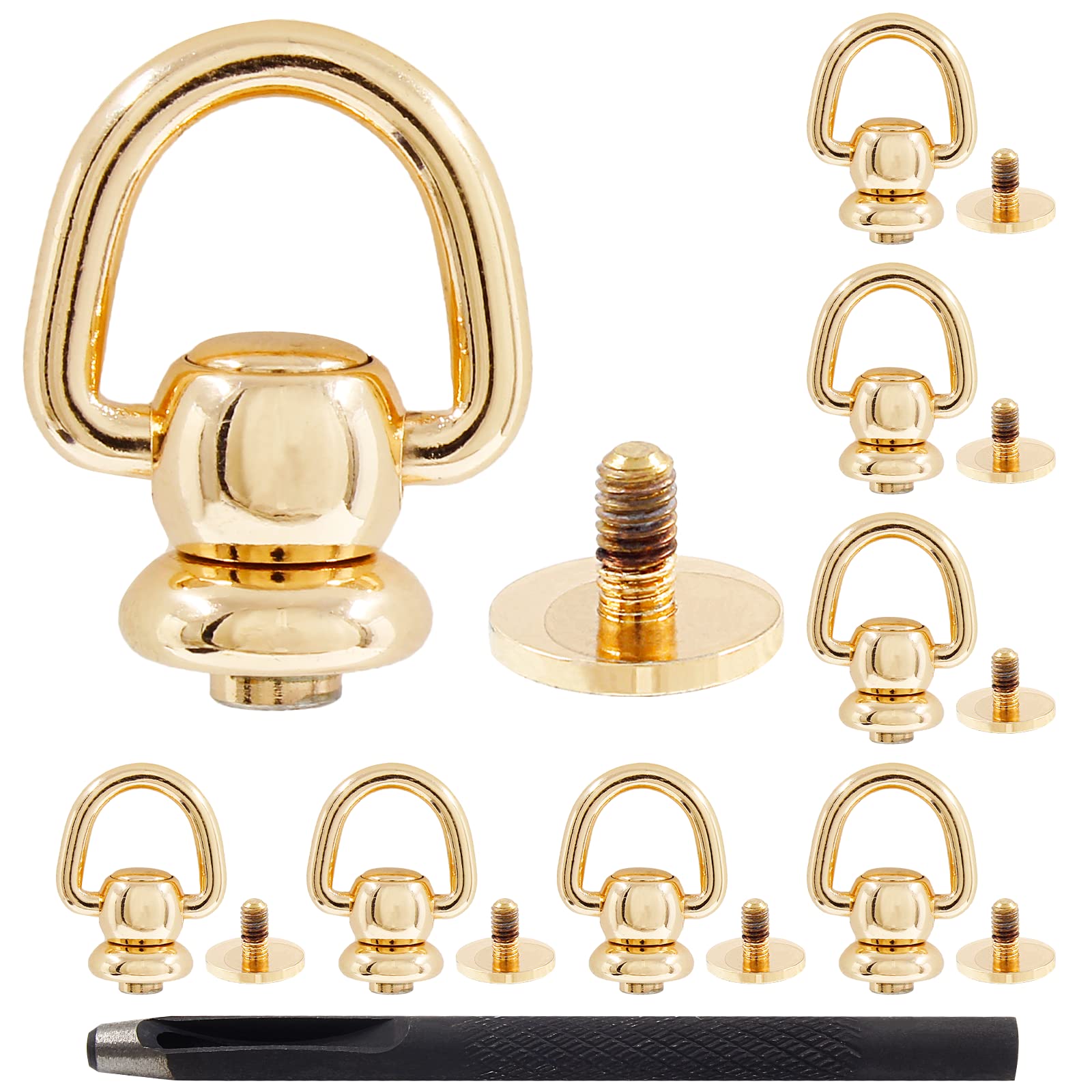 WaziaqocWaziaqoc 8PCS Brass Studs Rivets, Ball Studs Rivets Small D Ring with Leather Punch for Purse Belt Handbag Pet Collar, Bottom Diameter 12mm