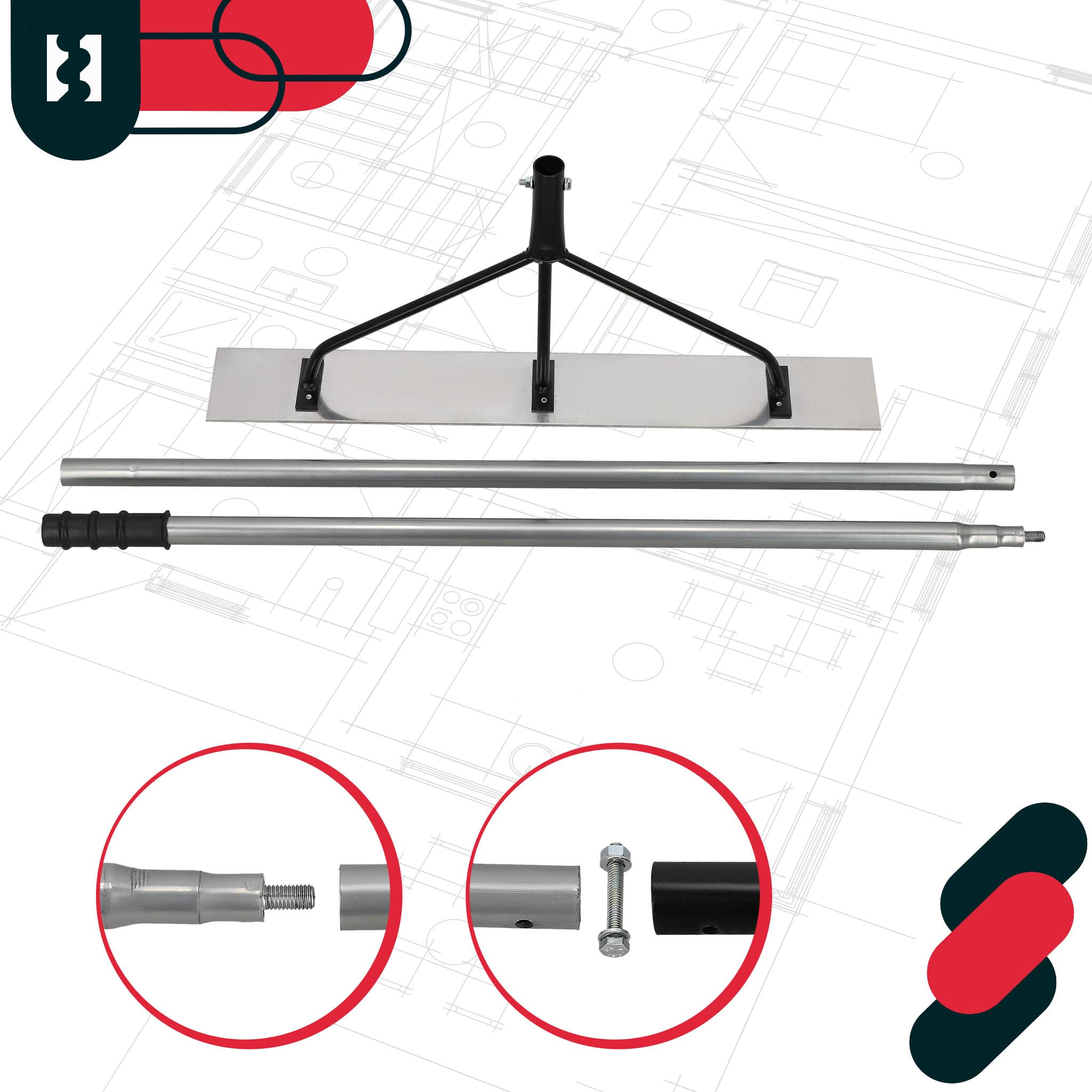 KOTARBAU® Regla para Hormigón - Acero - 62,5x9 cm - Regla para Concreto - Plata Negro - Herramienta De Albañil - Alisador de Hormigón - con Mango de Aluminio 161,5 cm