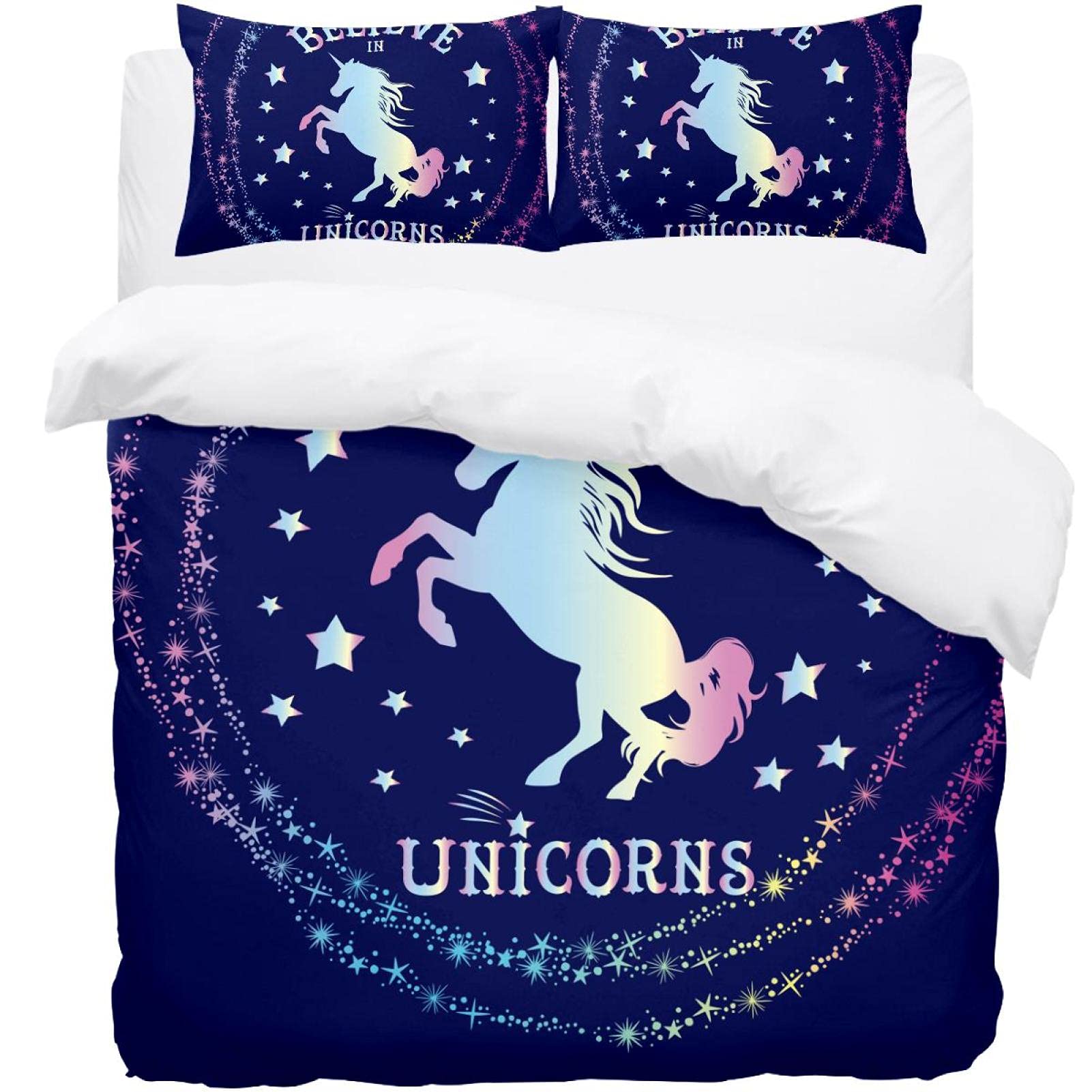 Housse de couette enfant Believe Unicorns 3 pièces bleu marine pour s'endormir plein de rêves