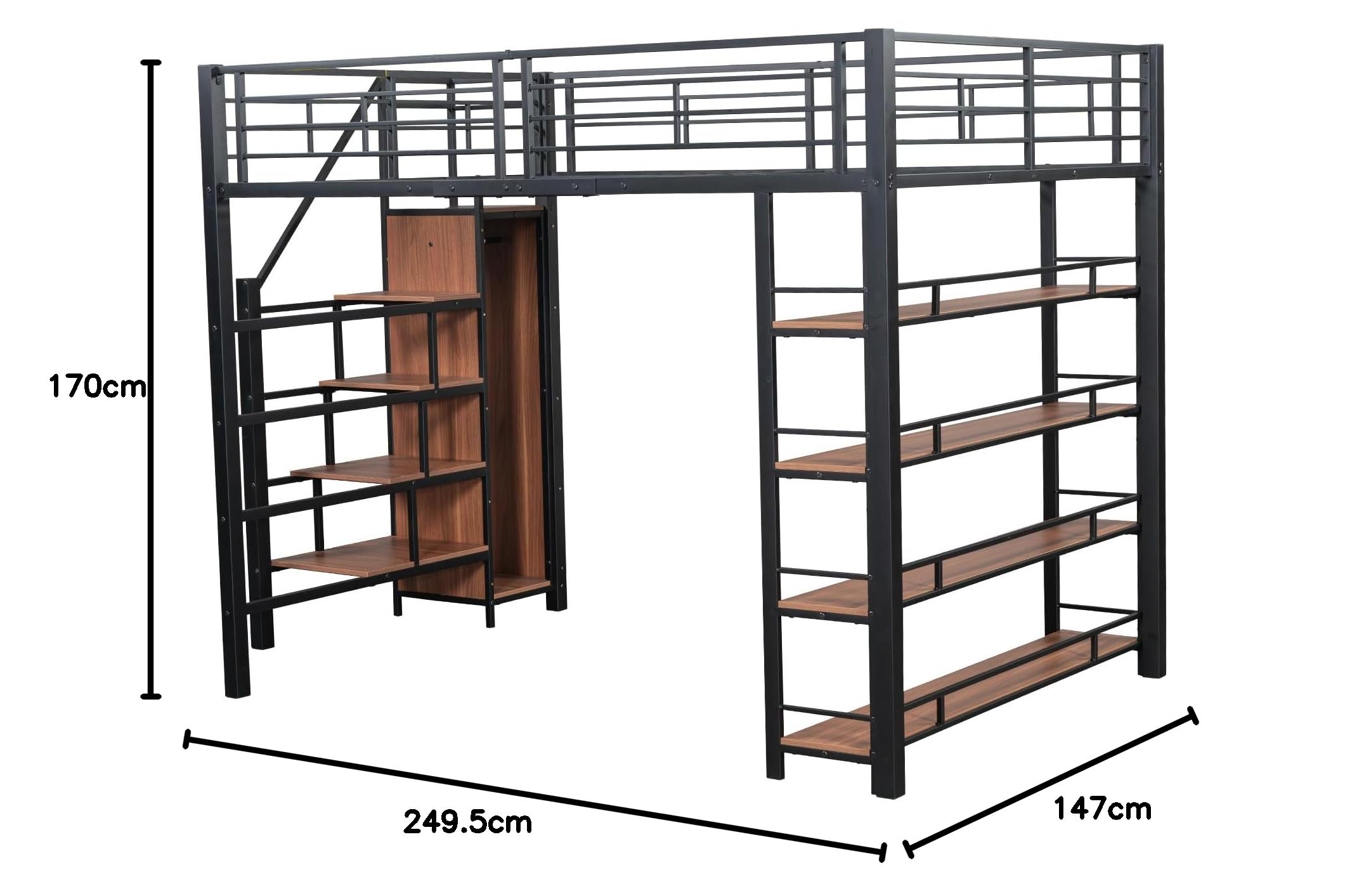 Ampio letto a soppalco 140 x 200 cm, colore nero, con scala di sicurezza, spazio di archiviazione e armadio. Letto multifunzione per ragazzi in metallo, portata fino a 120 kg