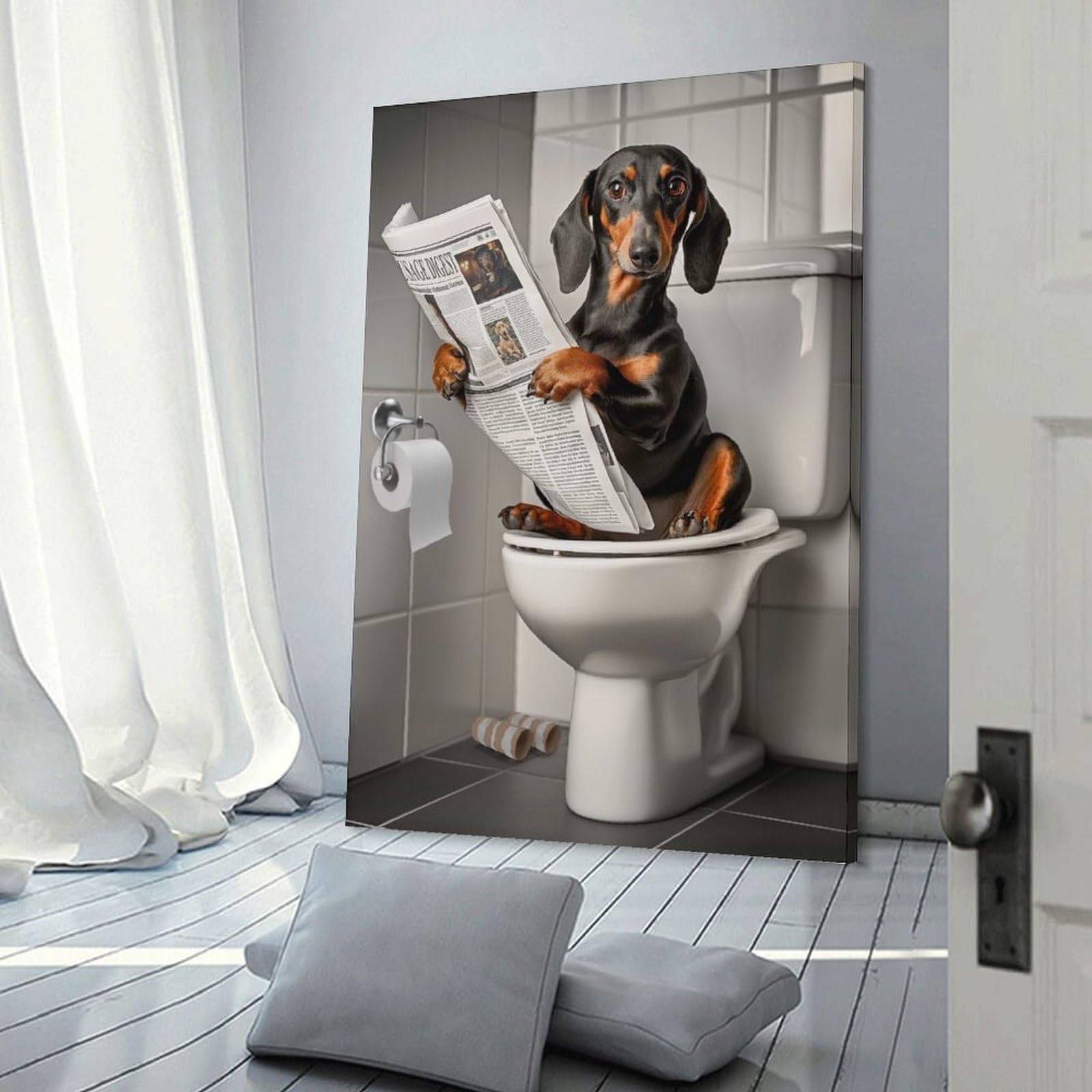 Junmoney Decorative Wall Artwork Dachshund on The Toilet, 08x12inch(20x30cm), for New Homes, Bedrooms Or Workspaces, Canvas Artwork with Gifting Potential