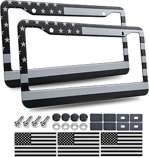 BGGTMO American Flag License Plate Frames- Black Stainless Steel Car Tag Holder Printed with USA Flag Pattern, 2 Hole 2 Pack with Screws Caps Decals for Front Rear