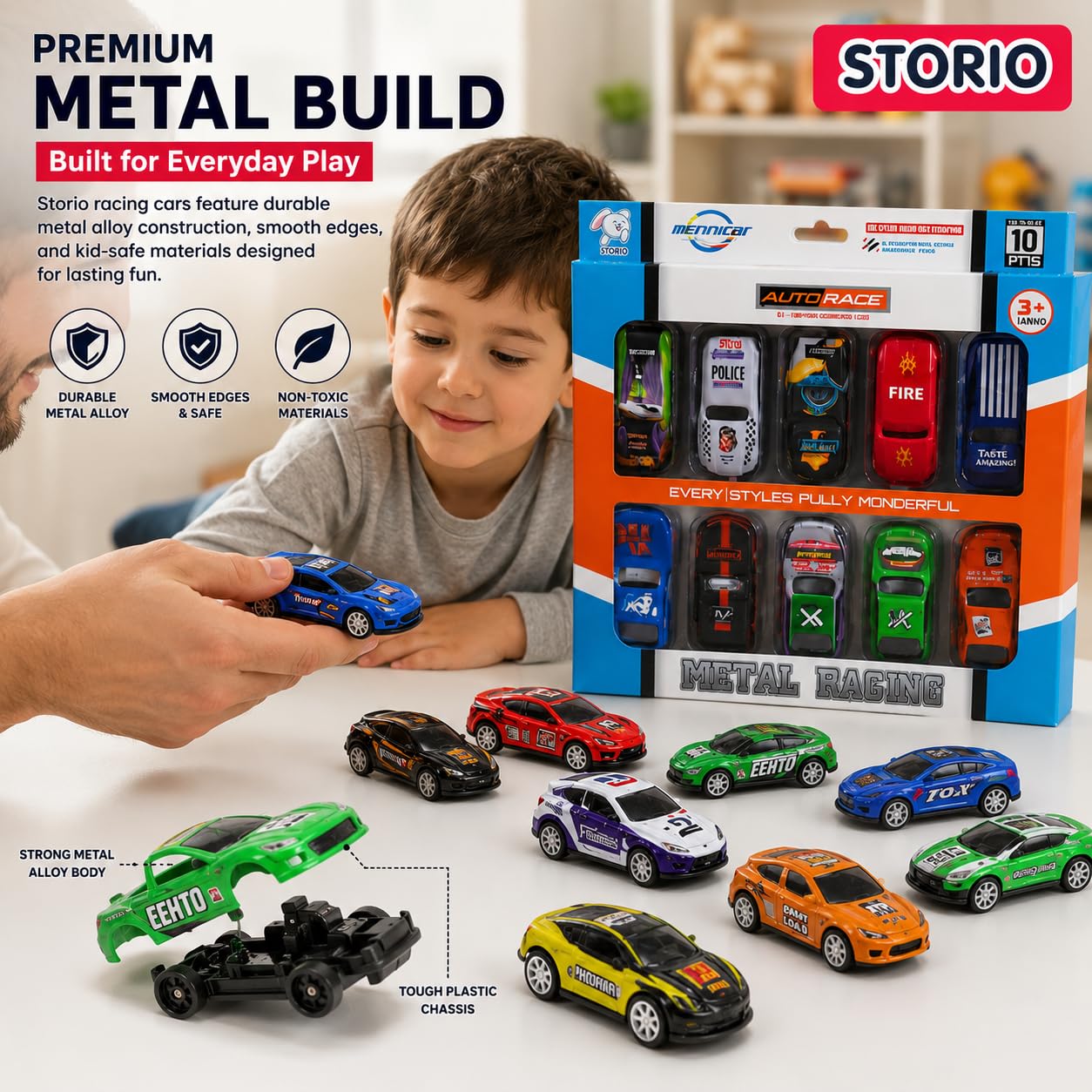 Storio Pack of 10 Racing Mini Metal Cars Set for Kids | Pull Back Vehicles | Khilona Car Toy Set for Boys | Birthday Gift, Return Gift, Diwali Toys (Racing Cars), Assorted — Amazon image 5