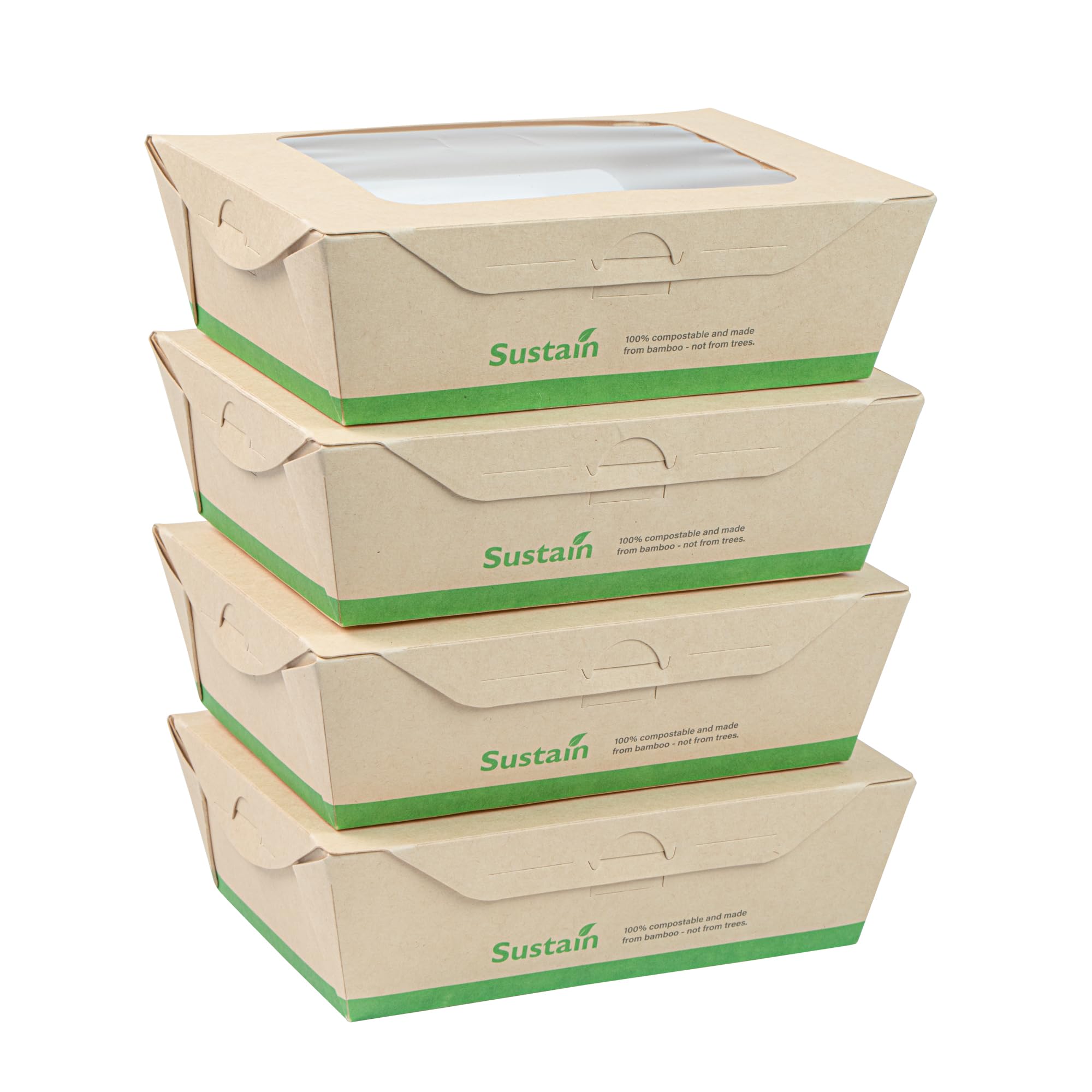 Restaurantware - Cajas de papel resistentes de 28 onzas, 50 recipientes desechables para alimentos, con forro de ácido poliláctico, dos ventanas transparentes de ácido poliláctico, contenedores de