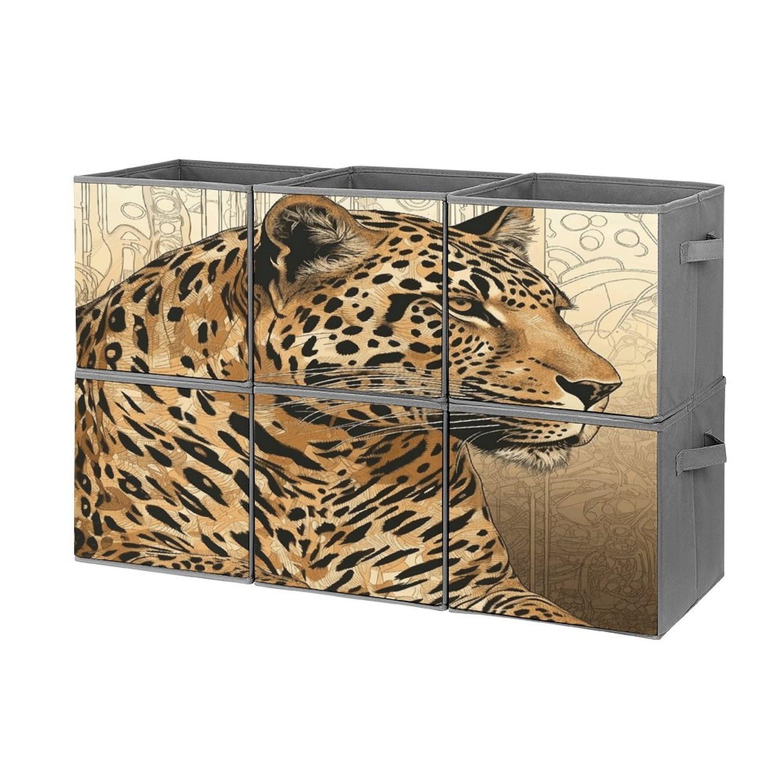 Btcowzrv Style Hand Drawn Leopard Storage Cubes, 6 Pack Oxford Fabric Foldable Collapsible Bins With Handles, Cubby Storage Baskets Boxes For Closet Shelves Office Organization
