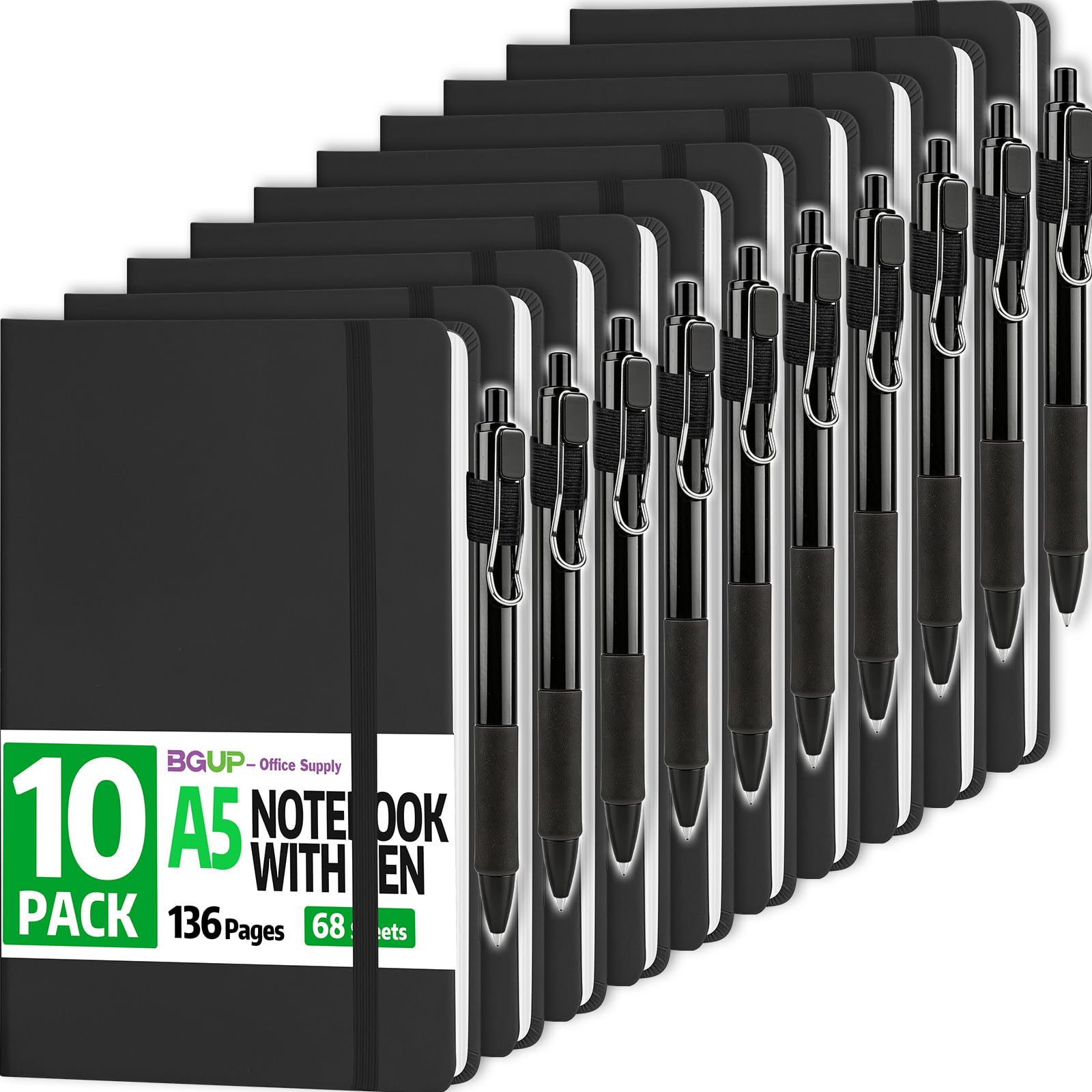 Paquete de 10 cuadernos rayados con bolígrafo, diario de cuero de tapa dura A5 de 14 x 21 cm, 136 páginas negras con rayas universitarias y juego de bolígrafos para suministros de oficina