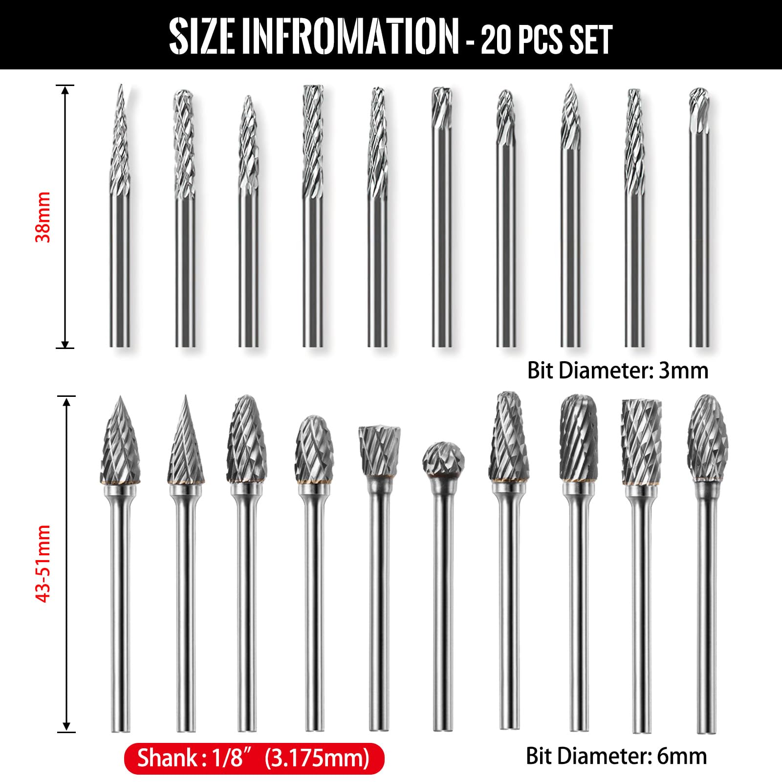 20-Piece Carbide Burr Set 1/8" Shank Double Cut, Tungsten Carbide Rotary Burr Bits for Metal, Steel & Stainless, Fits Rotary Tool — Amazon image 3