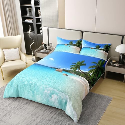 Miniatura 2 de Funda de edredón 100% algodón tamaño Queen, diseño de hojas de palmera, decoración de playa de verano, juego de ropa de cama hawaiana estilo