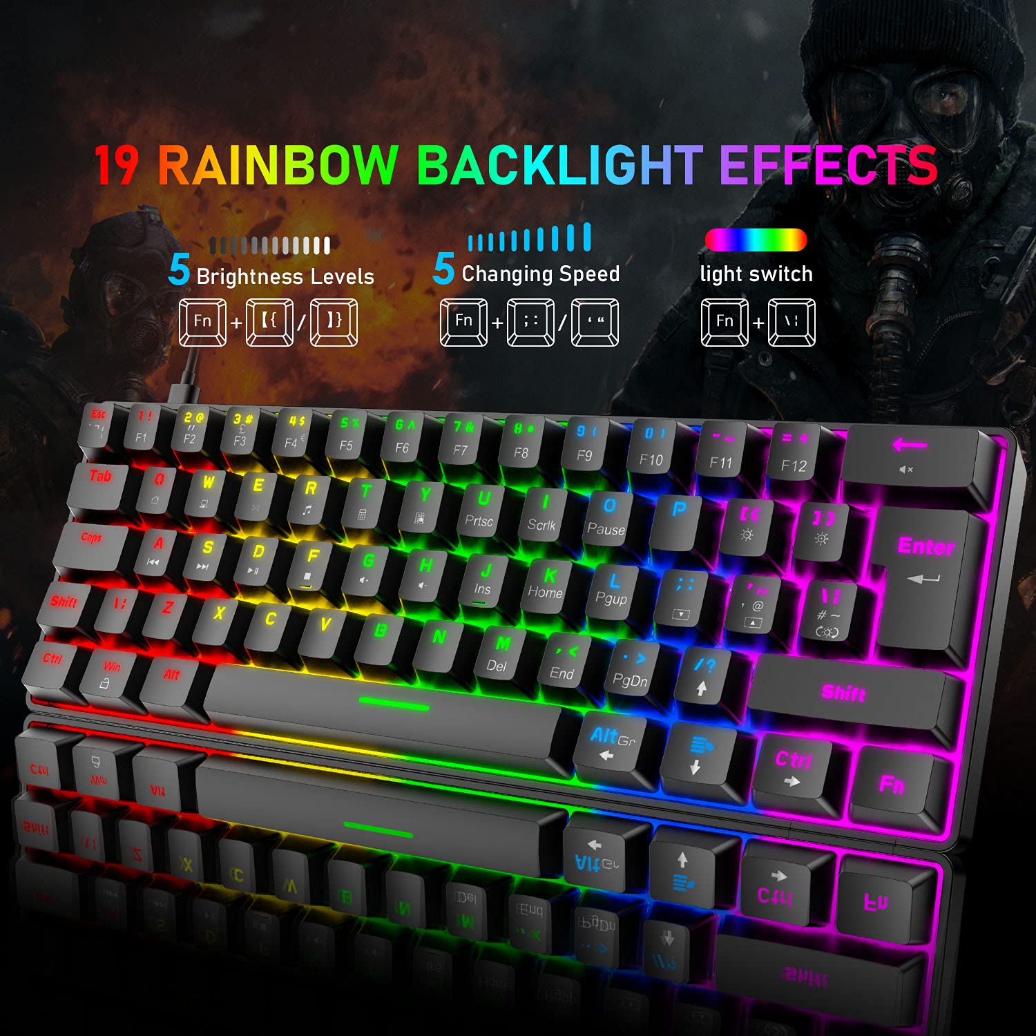 T60 Set Tastiera e Mouse da Gioco, Mini 60% Tastiera Meccanica Compatta 62 Tasti, 19 Rainbow LED Light, UK Layout + Mouse da Gioco a 6400 DPI + Mouse Pad per PC, Laptop - Interruttore Blu/Nero