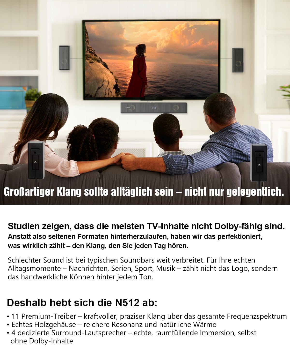 Hölzern 5.1.2CH Soundbar für TV Geräte, 4 Surround-Lautsprecher, 400W Spitzenleistung, Heimkino Virtual Surround Soundsystem Sound Bar mit 5.25'' Subwoofer, ARC/Optisch/BT 5.3/AUX/USB, HiPulse N512