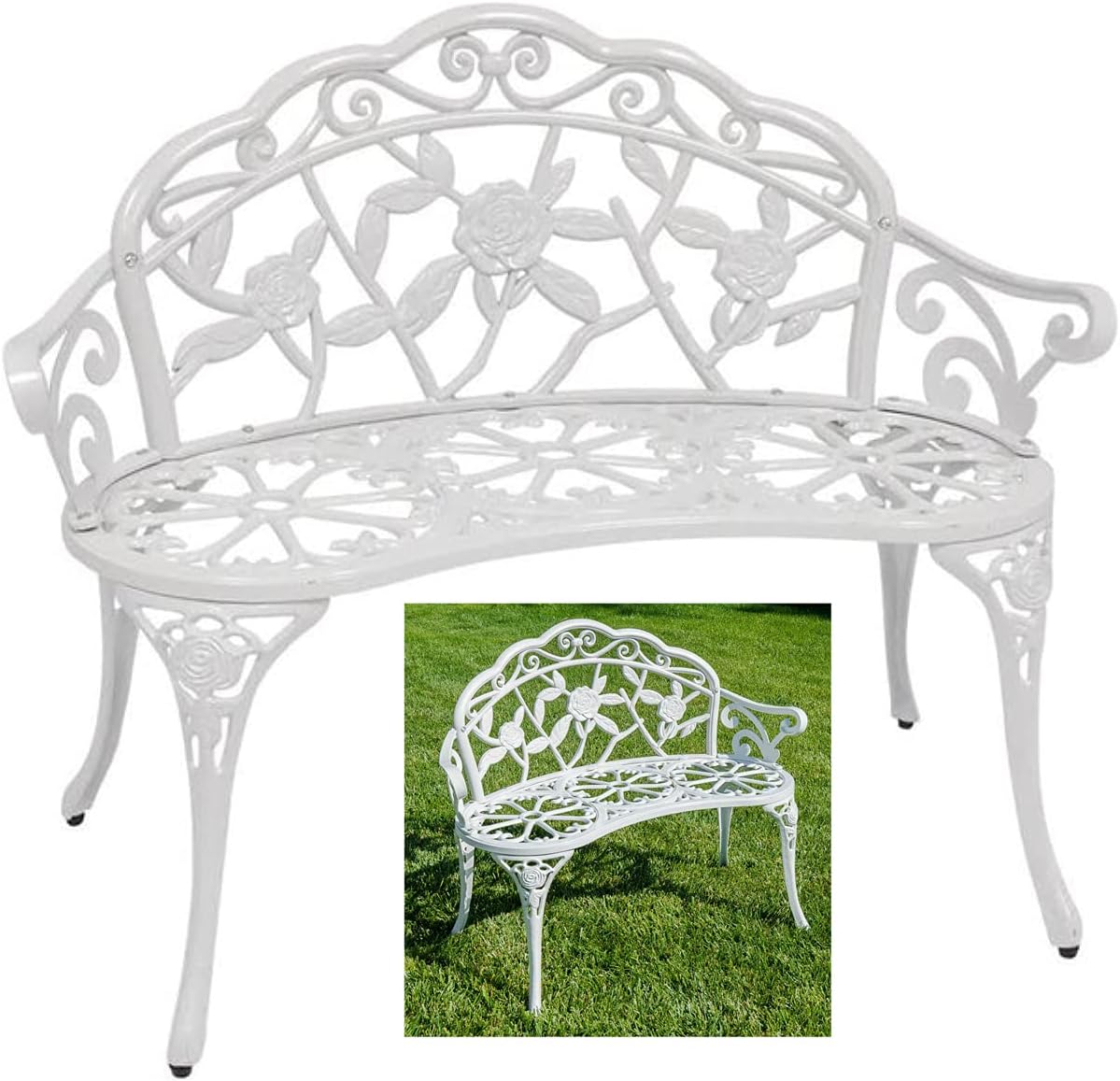 Wrought Iron Bench Curved Steel Rose Pattern Patio Garden Chair Antique Style Backyard Home Seat Loveseat Metal White Outdoor Indoor Pool Side Bristo Double Sitting Balcony Home Office Solid Legs