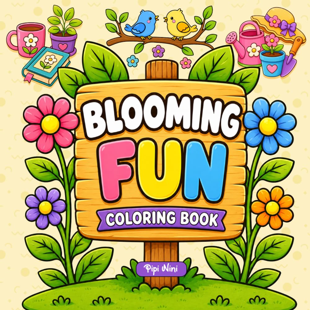 Blooming Fun Coloring Book: Cute Spring Garden Coloring Book for Kids Ages 4–8 | Flowers, Birds, Rain Boots, Nature & Fun Easy Pages