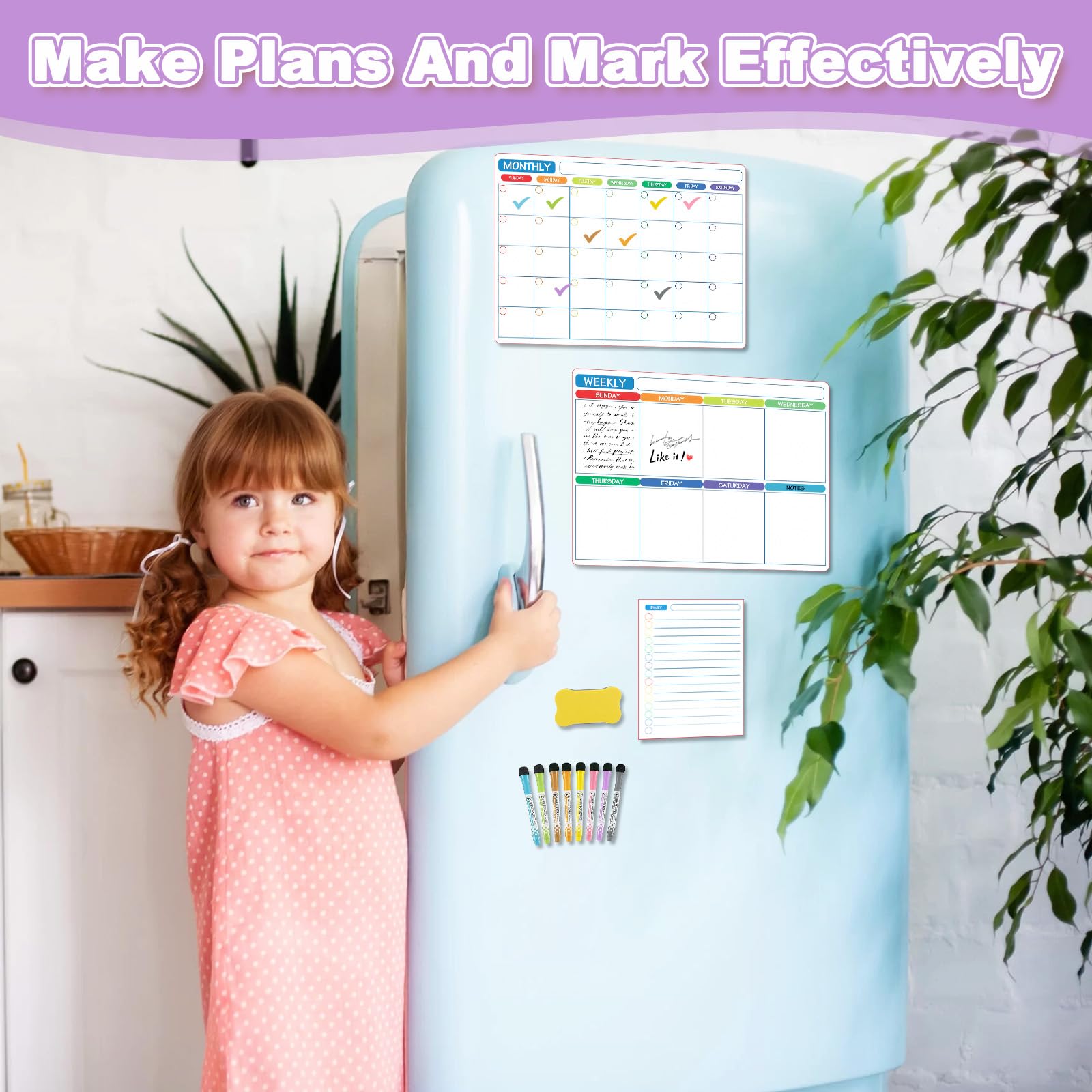 3 Pack Magnetic Calendar Planner for Fridge with 8 Markers & Eraser, Dry Erase Monthly, Weekly & Daily Planners Whiteboard, Reusable Schedule Organiser Board for Family, Office, Classroom (3042 cm) - Image 2