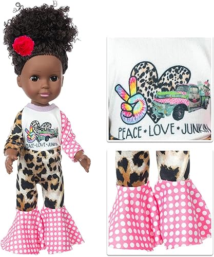 Miniatura 5 de ZQDOLL Conjunto de ropa de muñeca negra y muñeca de bebé, accesorios para muñecas, 14.5 pulgadas, muñeca afroamericana de silicona con mochila para