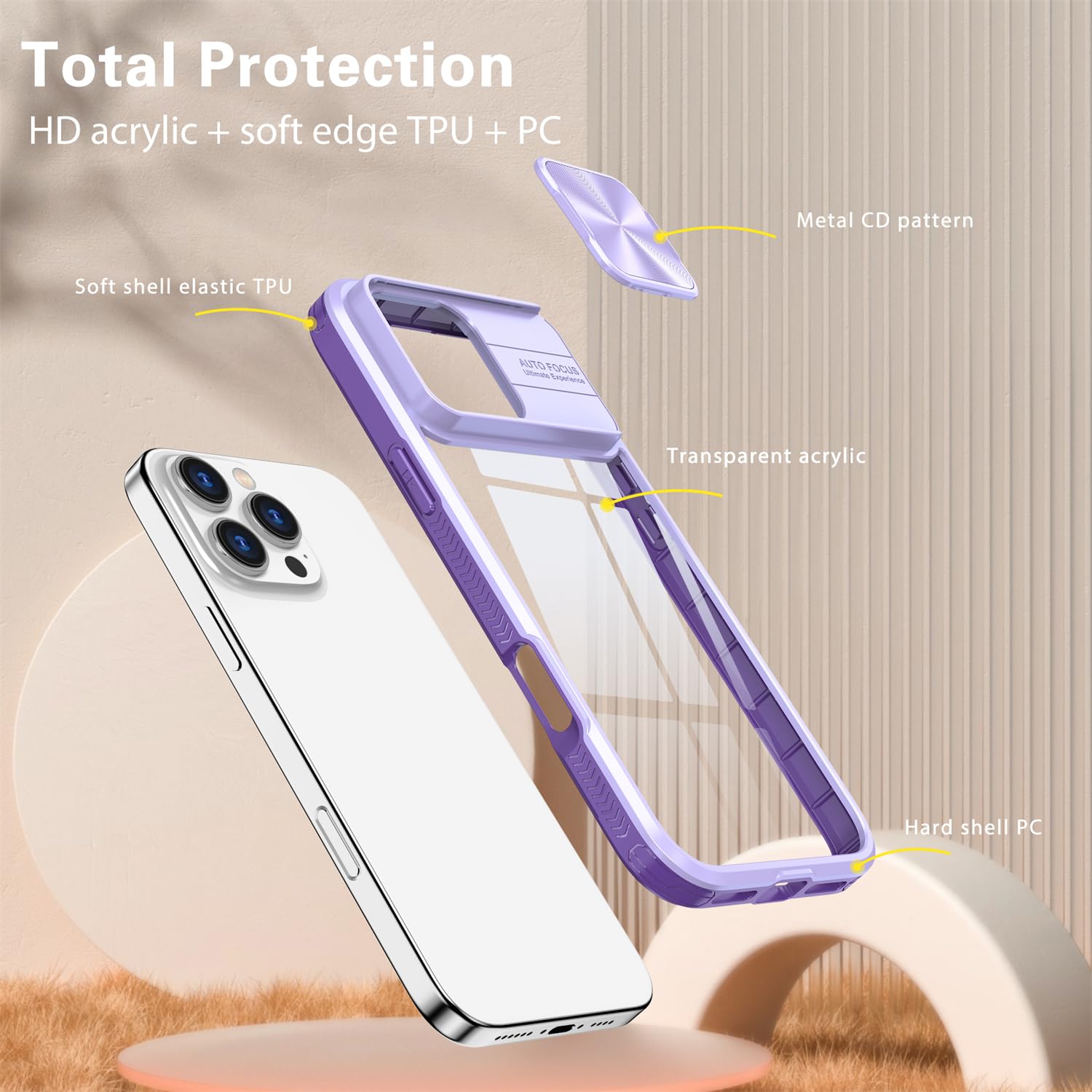 Custodia Per IPhone 16 Pro Max Con Copri-Fotocamera Scorrevole | Retro Trasparente E Cornice TPU Morbida | Protezione Antiurto Grado Militare | Colore Viola - 2