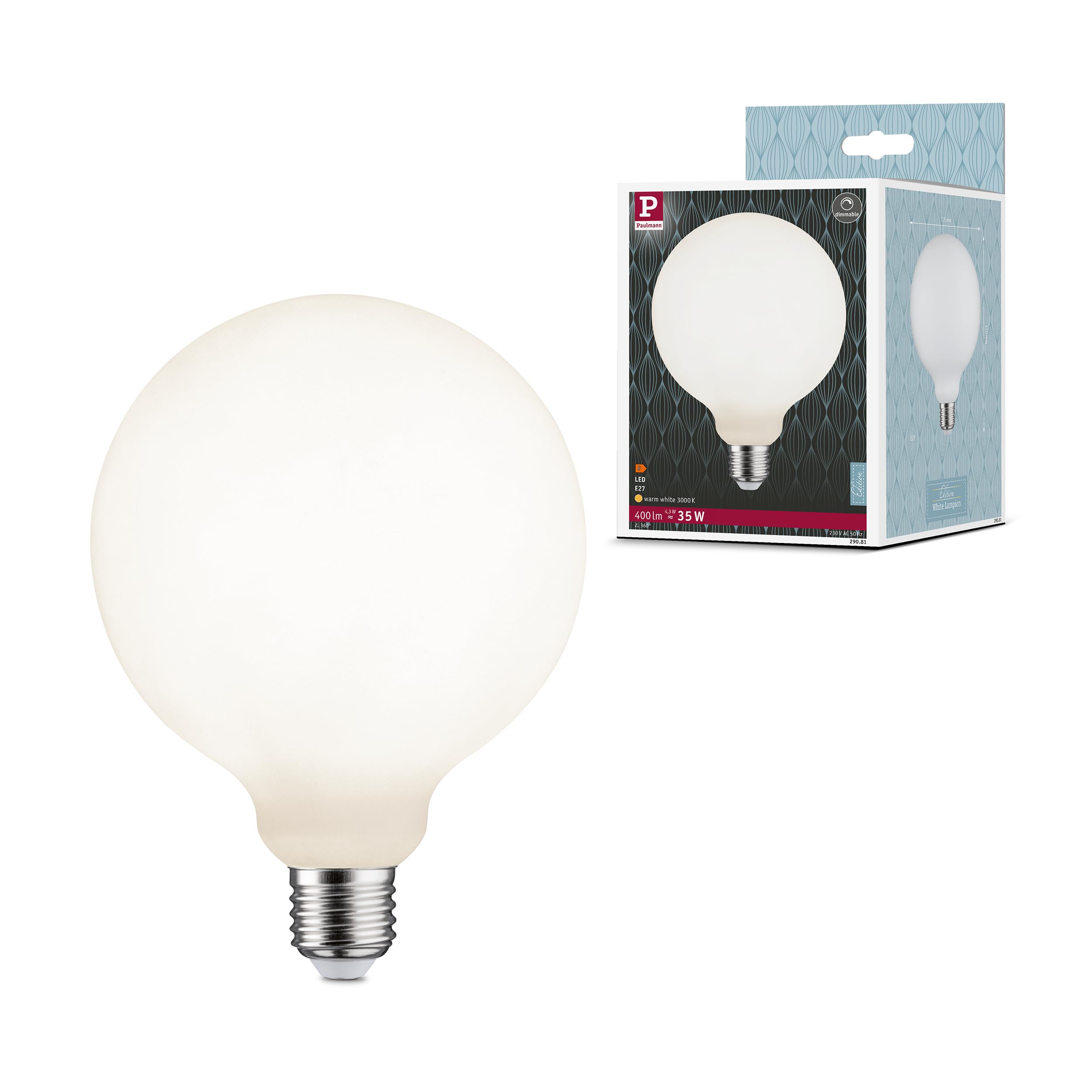 Paulmann 29081 White Lampion Edition Filament LED Globe G125 230V E27 4,3W 400lm dimmbar 125mm Weiß Glas 3000K