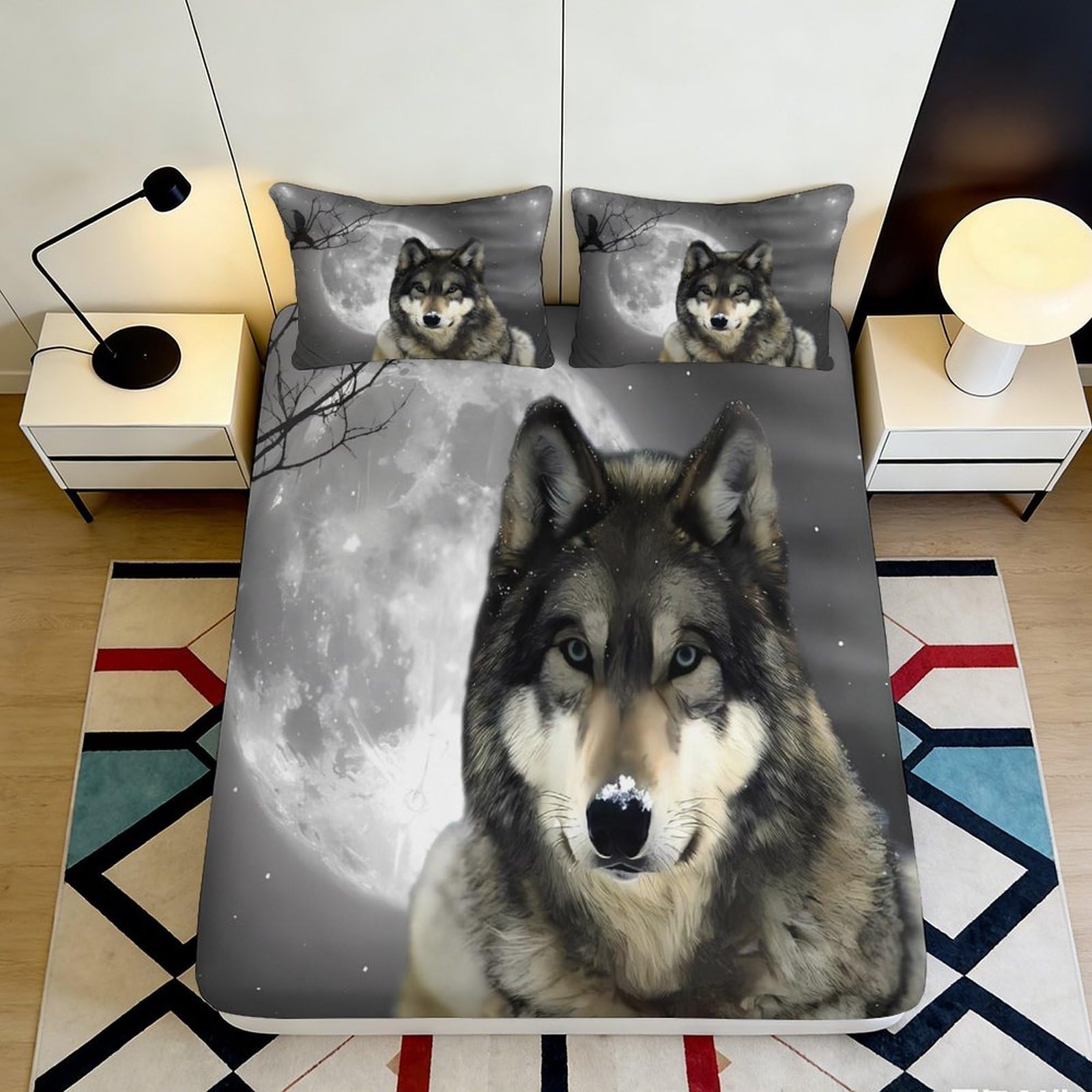 3D Printed Wolf Full Moon Fitted Sheet Microfiber Soft Durable Forest Bed Cover for Bedroom Dormitory Guest Room Mattress Protection Decor 120x200x25cm