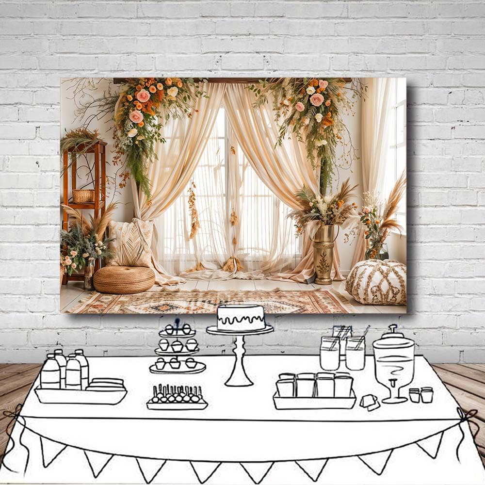 Toile De Fond Bohème 1,5 X 0,9 M - Herbe De La Pampa - Portrait - Pour Studio Photo, Anniversaire, Photographie - Arches Florales - Fenêtre - Pour