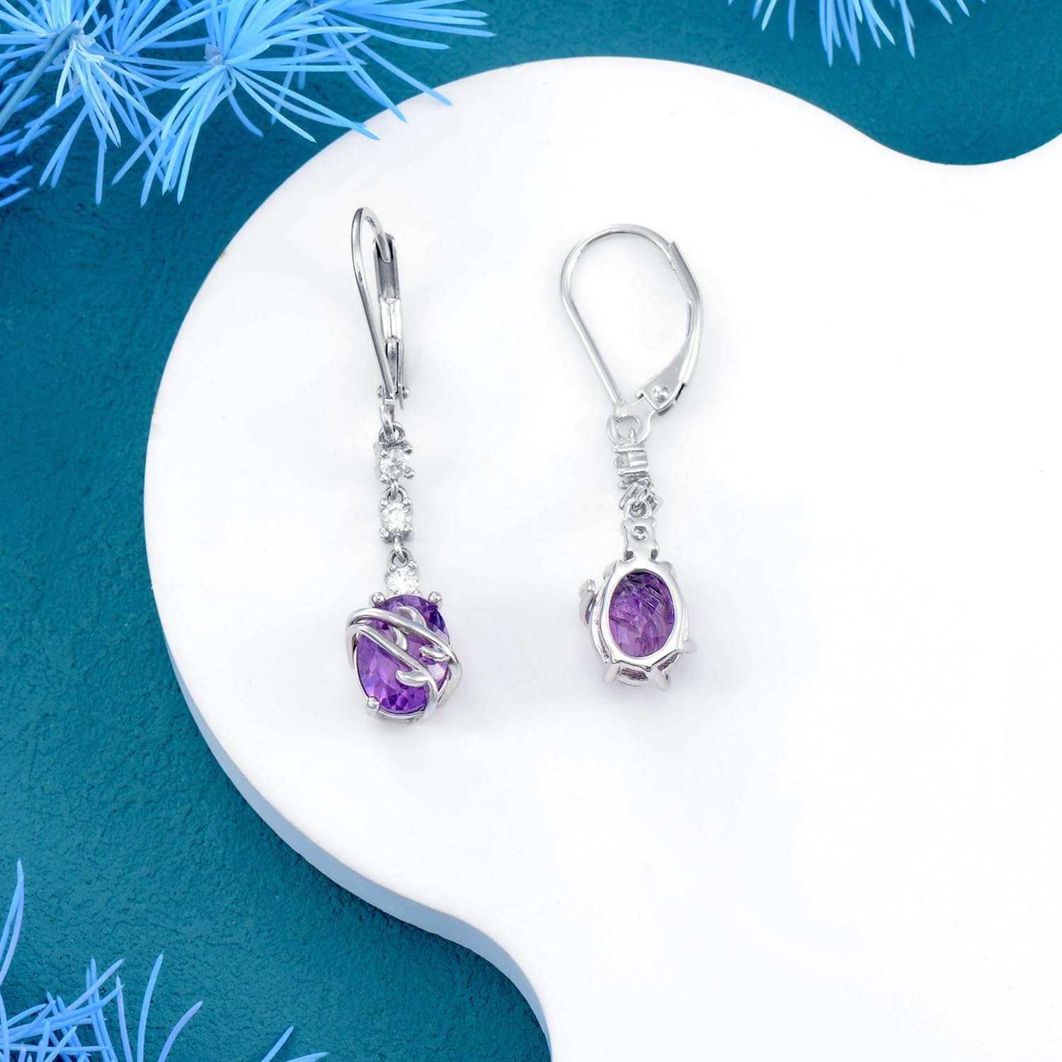 2CT Natural Amethyst Earrings 925 Sterling Silver 7mm * 9mm Oval Cut February Birthstone Dangle Earrings for Women - Image 4