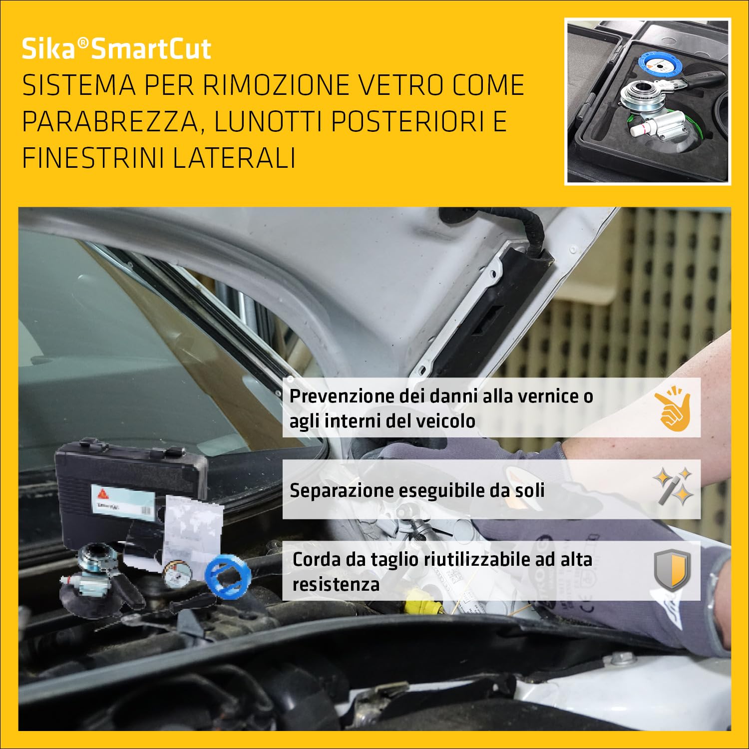 SIKA - Kit rimozione parabrezza Sika SmartCut - Cricchetto + fili | Kit completo per vetri auto - Taglio rapido e sicuro - Filo nylon e acciaio - Facile da usare