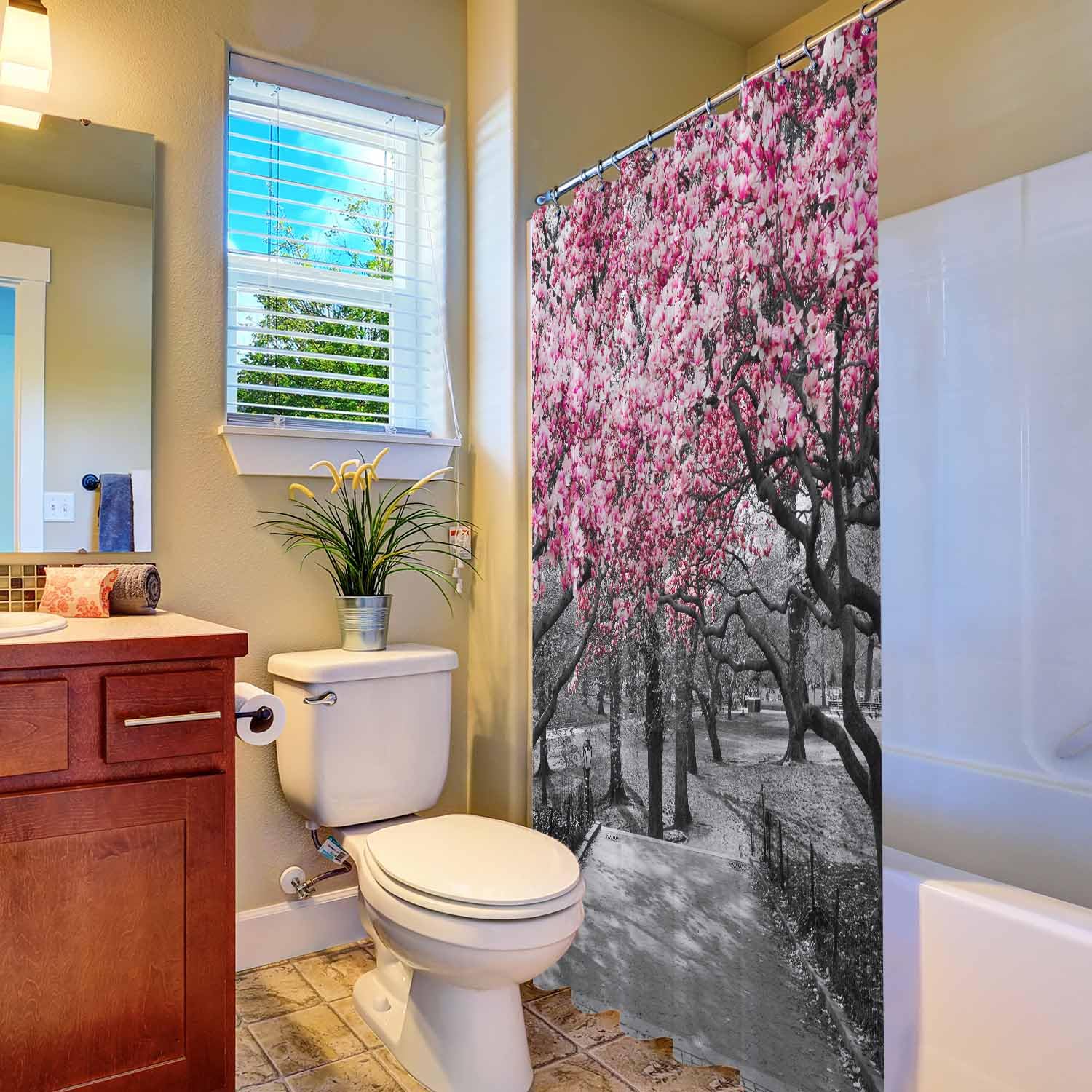 Woutay Shower Curtain Mould Proof Resistant Pink Blossoms,Water Repellant Fabric,Polyester,with 12 Plastic Hooks - Image 4