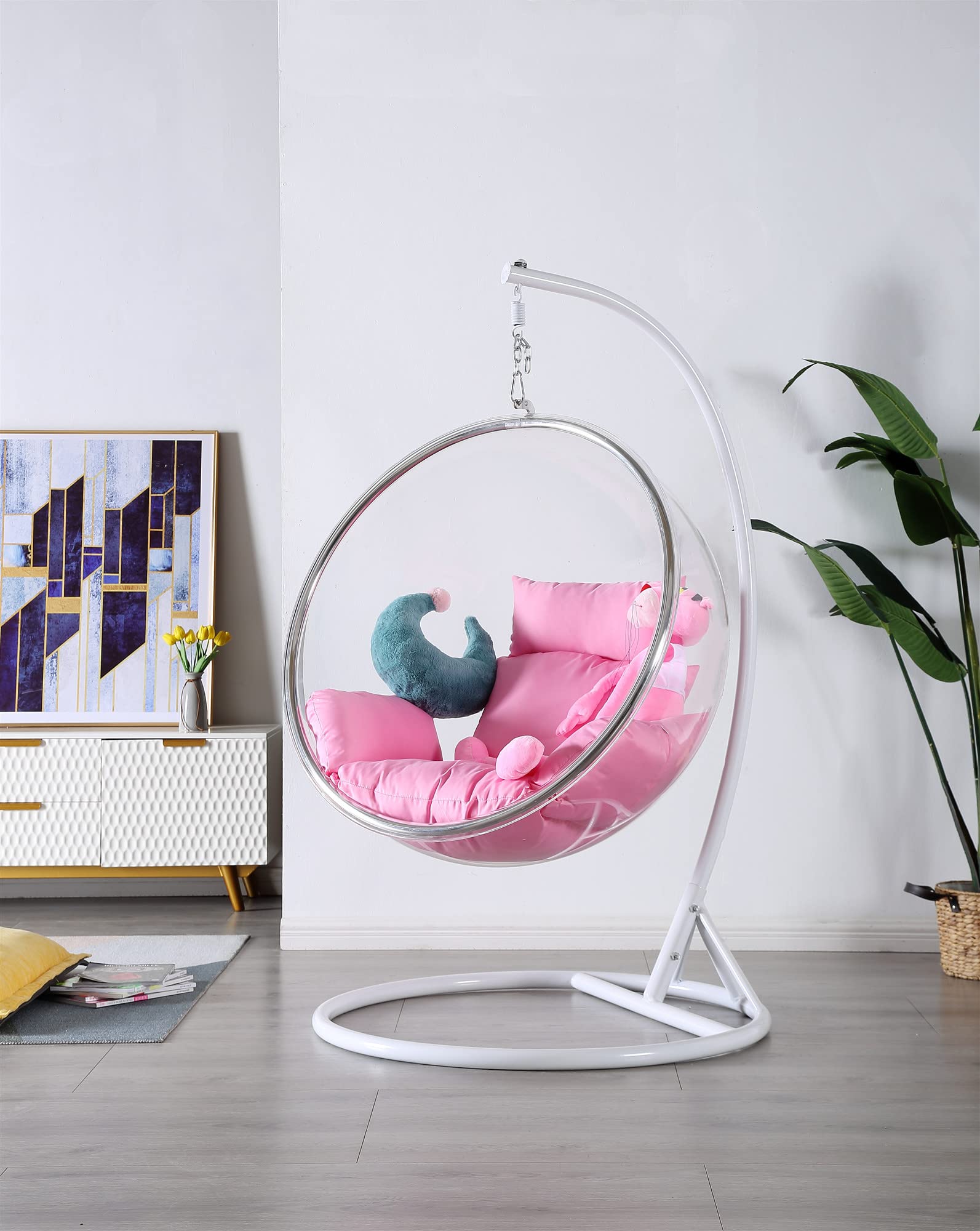 Yulan Transparent Bubble Chair Standing Indoor Swing Hanging Chair Transparent acrylic Ball Bubble Chair With Stand (L) Pink YL0T12-550