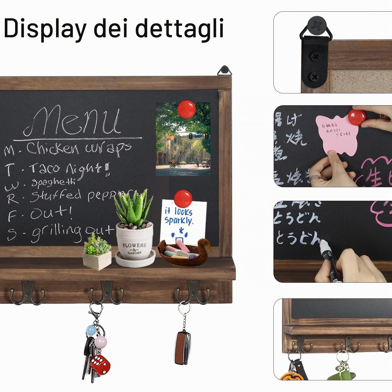 UNHO Lavagna da parete con ganci, 42 x 30 cm, lavagna da cucina, bacheca per messaggi di famiglia, cornice rustica, in legno, con ripiano e 4 ganci in metallo per chiavi, cappelli, cappotti