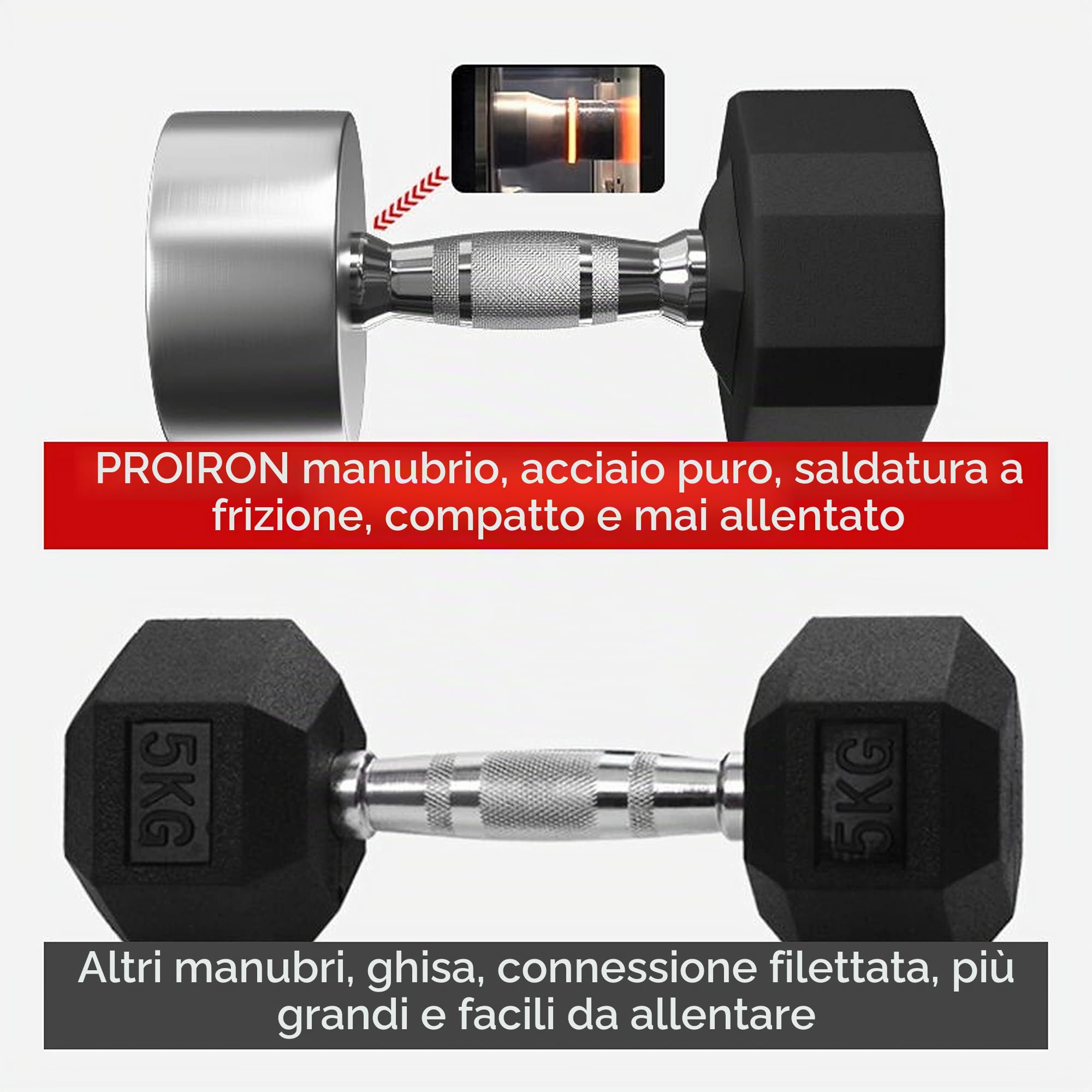 PROIRON Manubri Gommati da 3 a 24 kg -Pesi Palestra in Acciaio Anti collisione per Body Building, Pesistica Fitness, Allenamento (Paio o Singolo)