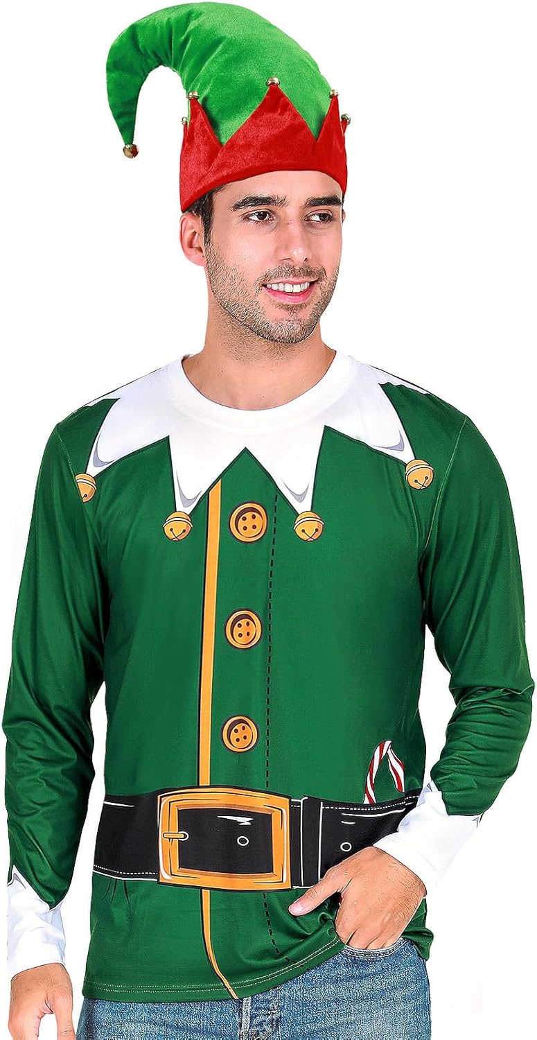 Funny World Men's Christmas T-Shirts Graphic Long Sleeve Holiday Costume