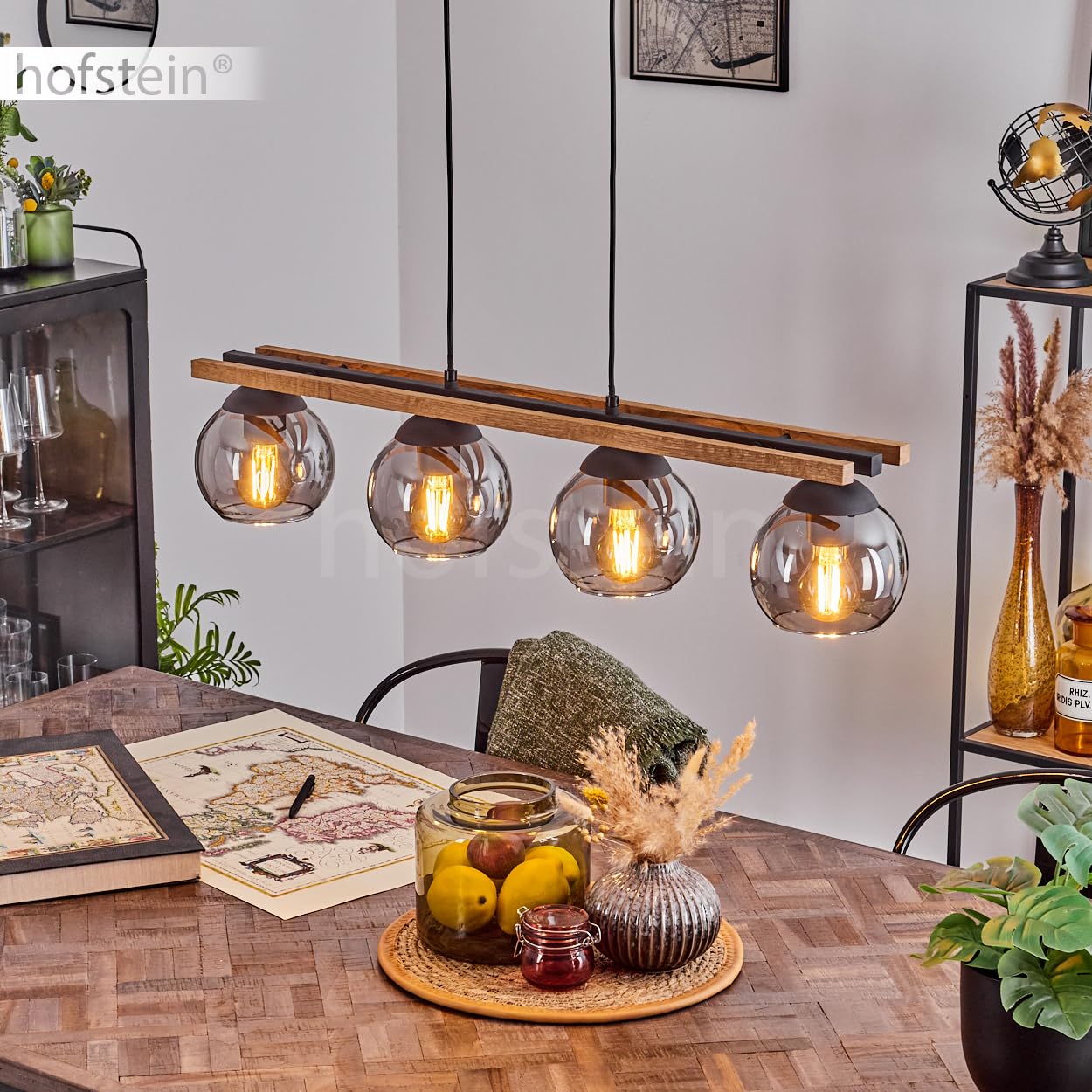 Pendelleuchte Podre, Hängelampe aus Metall/Holz/Glas in Schwarz/Natur/Rauchfarben, Hängeleuchte im Retro/Vintage-Design m. Glasschirmen (Ø 15cm), 4-flammig, Höhe max. 120cm, 4x E27, ohne Leuchtmittel