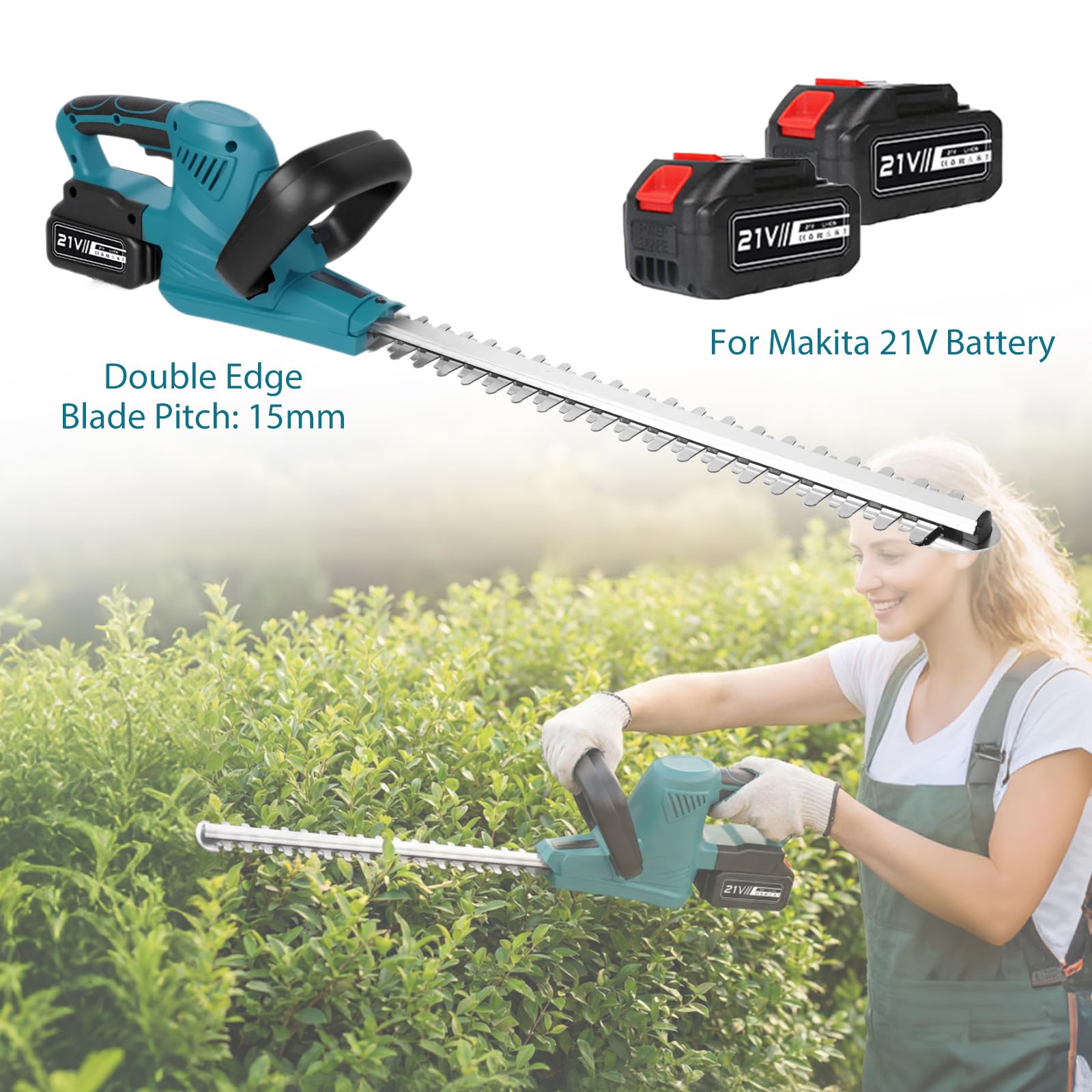 Cortasetos con batería de 21 V con 2 baterías de 3,0 Ah, motor sin escobillas de 1000 W, hoja de 51 cm, grosor de corte de 15 mm, cortasetos inalámbrico para setos, arbustos y arbustos (3,0 Ah)