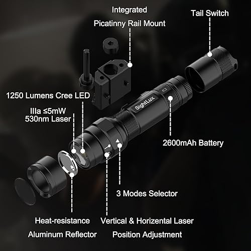 Miniatura 11 de Combo de linterna láser para rifle - Linterna táctica de 1250 lúmenes, luz láser rojo/verde para escopeta, luz láser de riel con interruptor