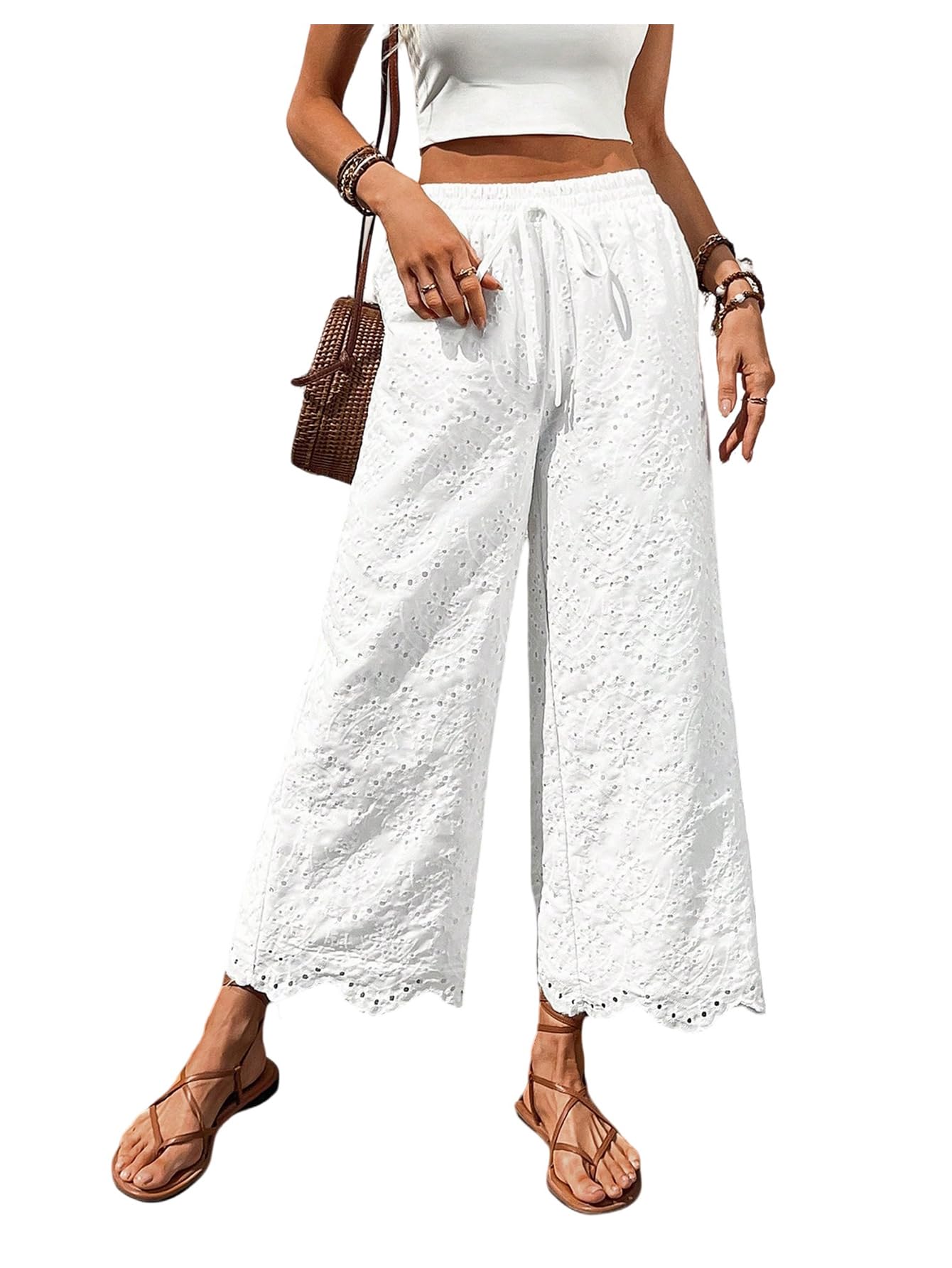 SHENHE Womens Summer Wide Leg Eyelet Pants Drawstring Elastic Waist Travel Boho Palazzo Pants