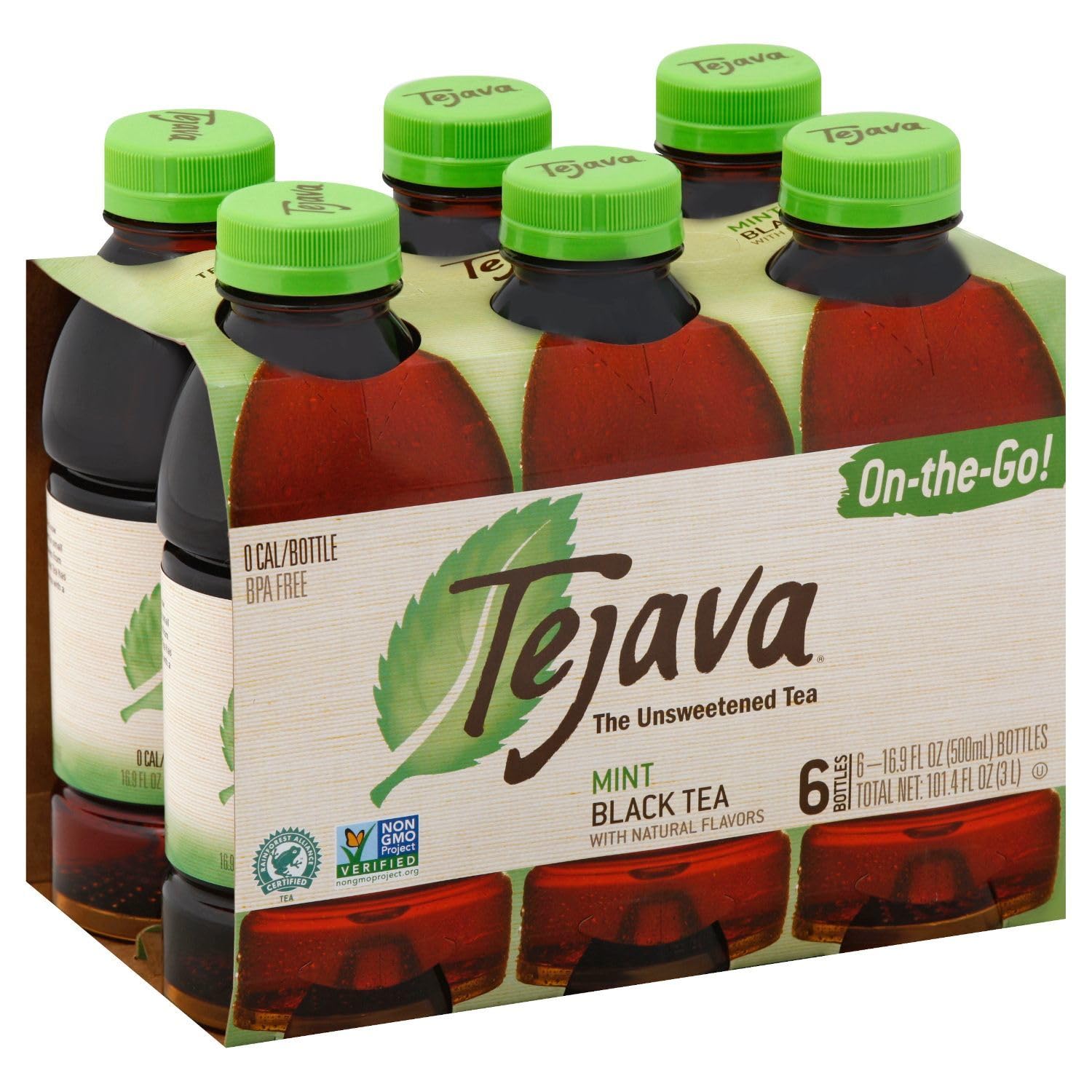 Tejava Mint Black Iced Tea, 6 Pack, 16.9oz PET Bottles, Unsweetened, Non-GMO, Kosher, No Sugar or Sweeteners, No calories, No Preservatives, Brewed in Small Batches