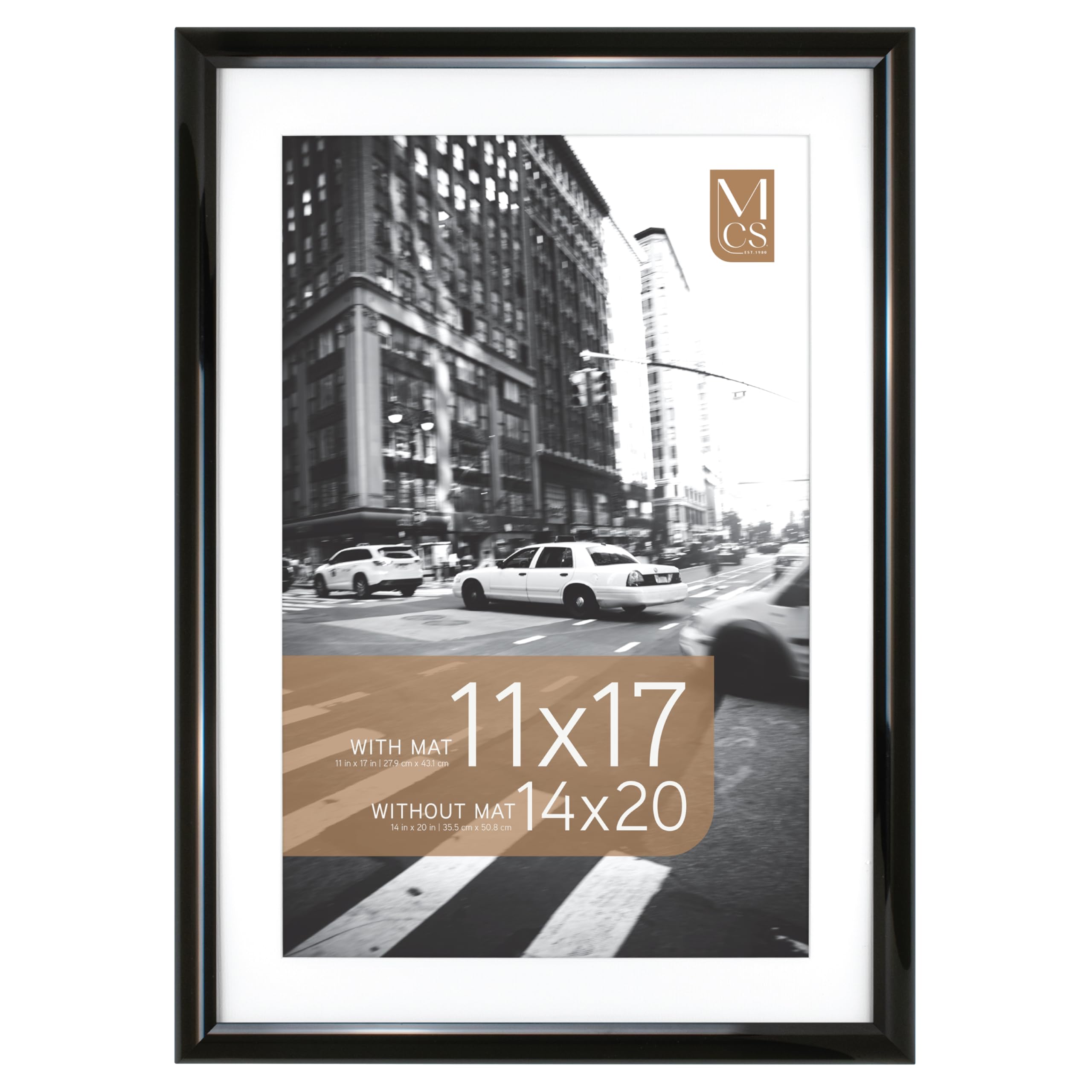 MCS Trendsetter 14x20 Poster Frame, Display Pictures 11x17 With Mat or 14x20 Without Mat, Vertical & Horizontal Wall Hanging Large Picture Frame for Photos & Posters, Black (1-Pack)