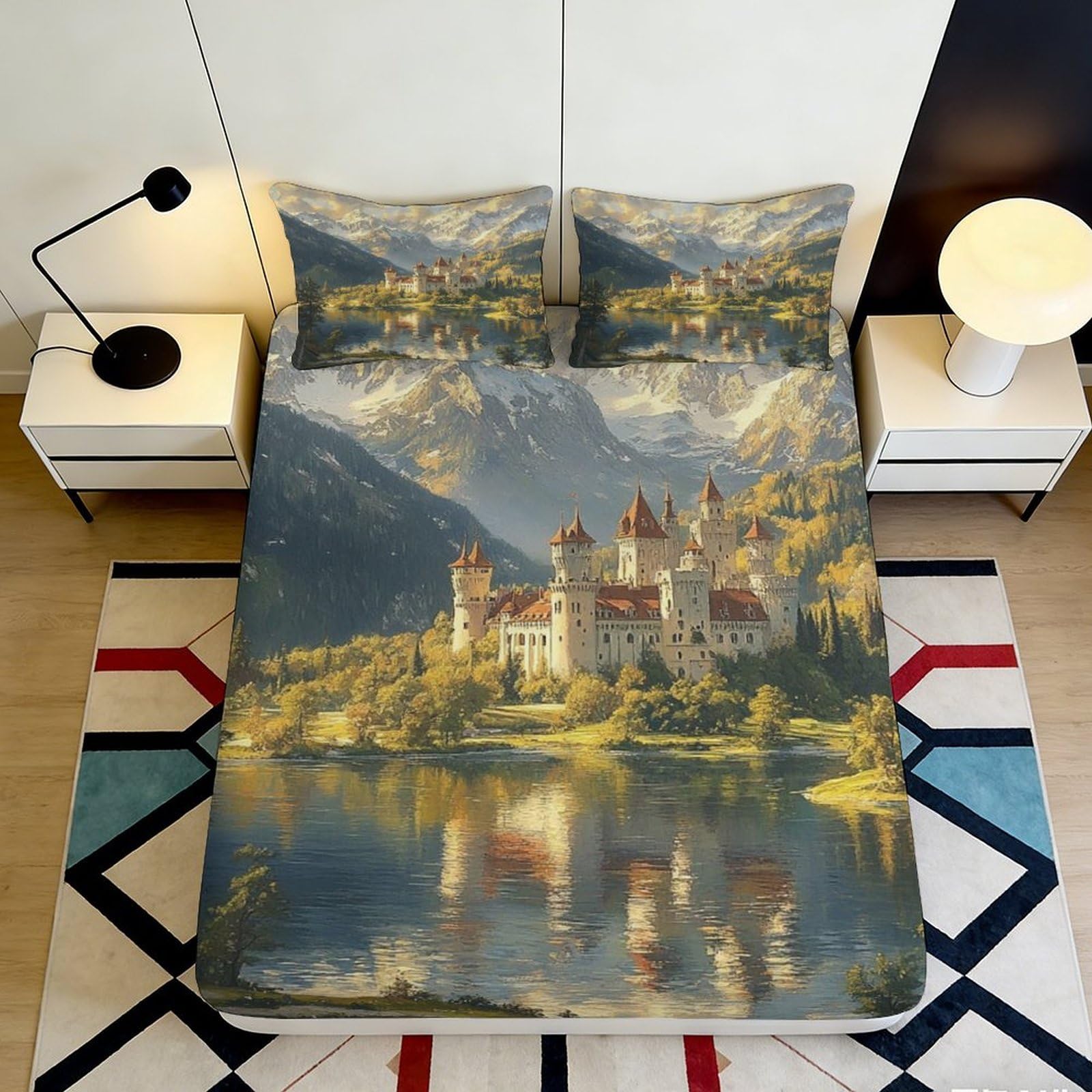 3D Printed Castle Mountain Fitted Sheet Microfiber Anti-Slip Lake Reflection Bed Cover for Bedroom Guest Room Decor 90x200x25cm