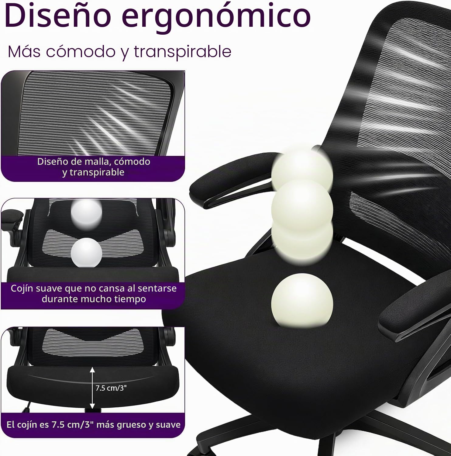 Silla de Oficina Ergonómica con Soporte Lumbar Ajustable, Reposabrazos y 125° Respaldo Inclinable, Silla Giratoria de Malla Respirable con Ruedas Omnidireccionales Silenciosas, Oficina y Hogar, Negro