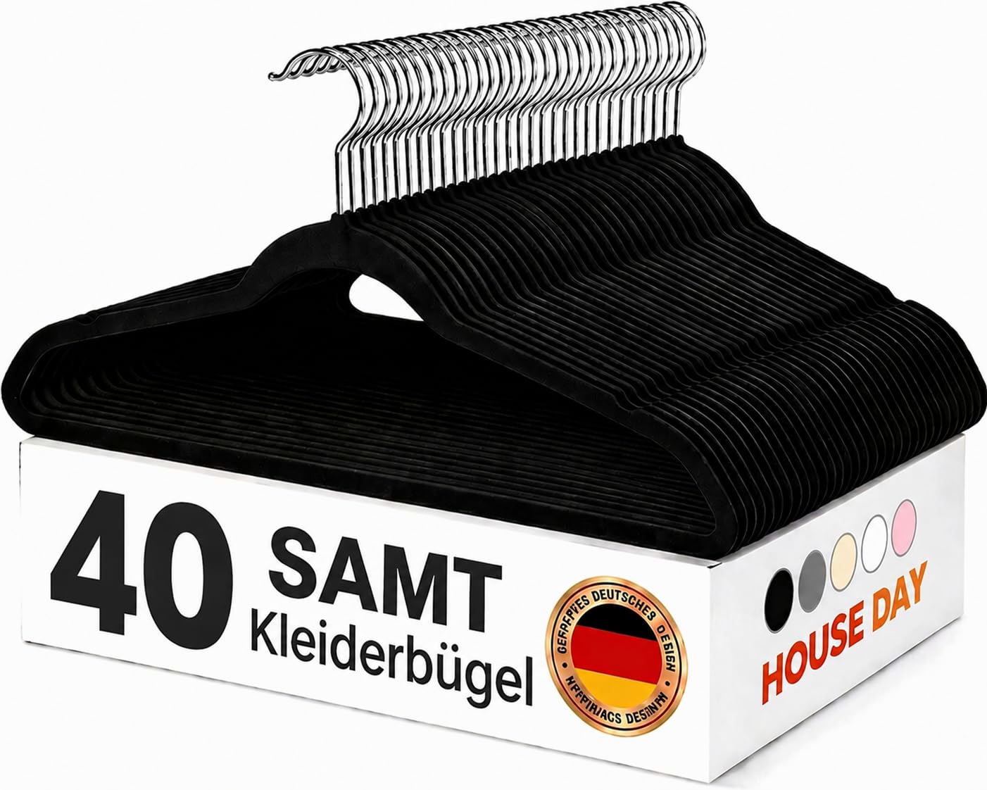 HOUSE DAY Kleiderbügel Samt 60 Stück, Kleiderbügel Platzsparend Filz Bügel - Rutschfester, Premium Schwarzer Anzugbügel, 360° Drehbarer Haken