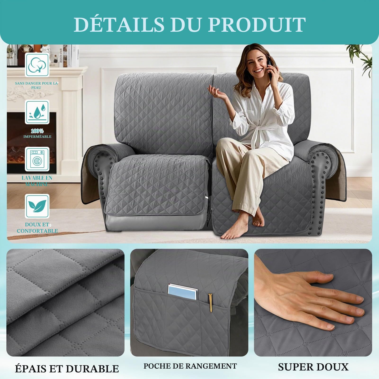 Housse de Fauteuil inclinable 2/3 Places, 100% imperméable Housse de Canapé Antidérapant Protecteur pour Meubles de Salon Contre Les Chiens, Animaux et Enfants (Gris,2 Places)